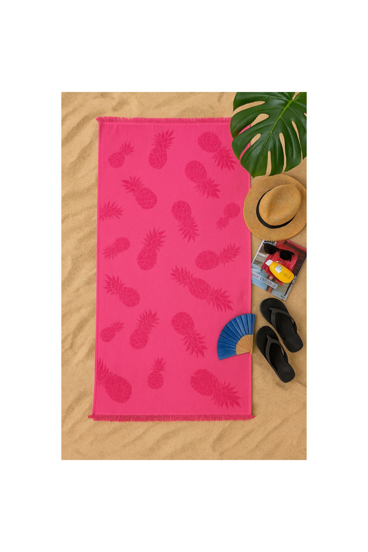 AYLA STAND Jakarlı Ananas Desenli - Bambu ve Pamuk - Plaj Havlusu 80x150 cm Deniz Havlusu Banyo Havlusu