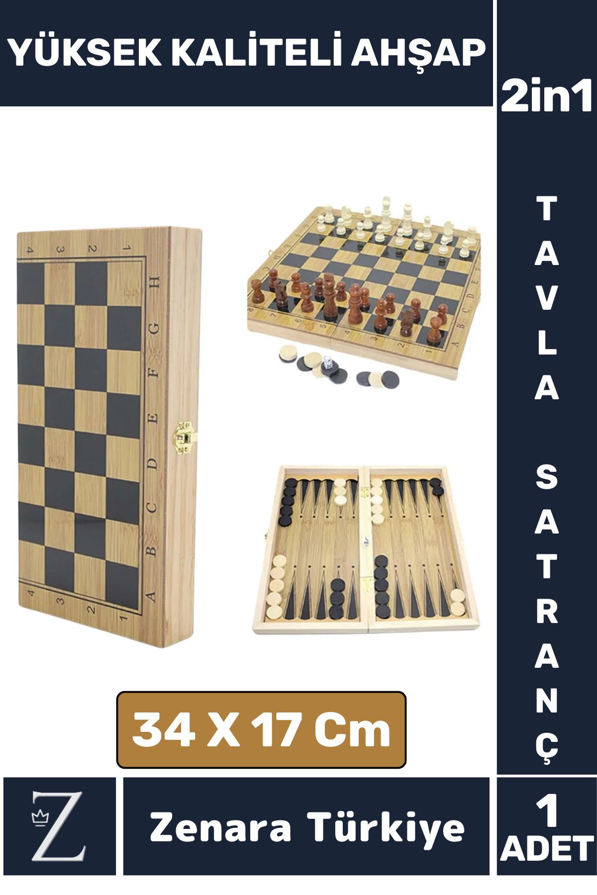 Zenara Premium Dayanıklı Ahşap Arkadaş Oyun Hediyelik Şık Ahşap Tavla Satranç 2 in 1 Oyun Seti 34 X 17 Cm