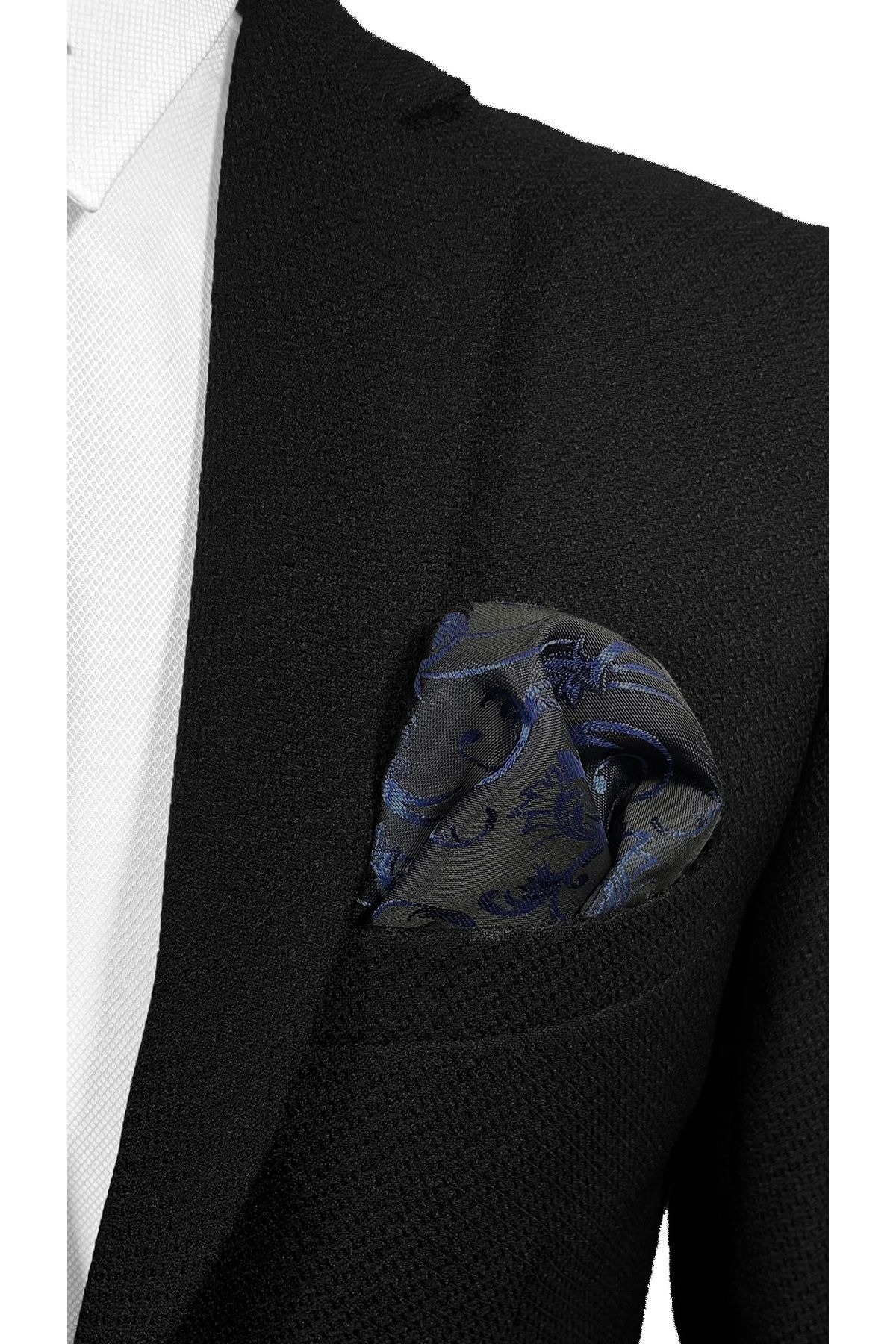 BLC Basic Line Co.-Shawl Pattern Navy Blue Black Tie and Pocket Square 7cm Width 5