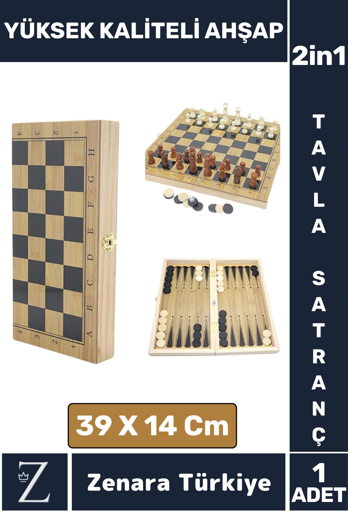 Zenara Premium Yüksek Kaliteli Ahşap Arkadaş Oyun Hediyelik Ahşap Şık Tavla Satranç 2in1 Oyun Seti 39X14 Cm