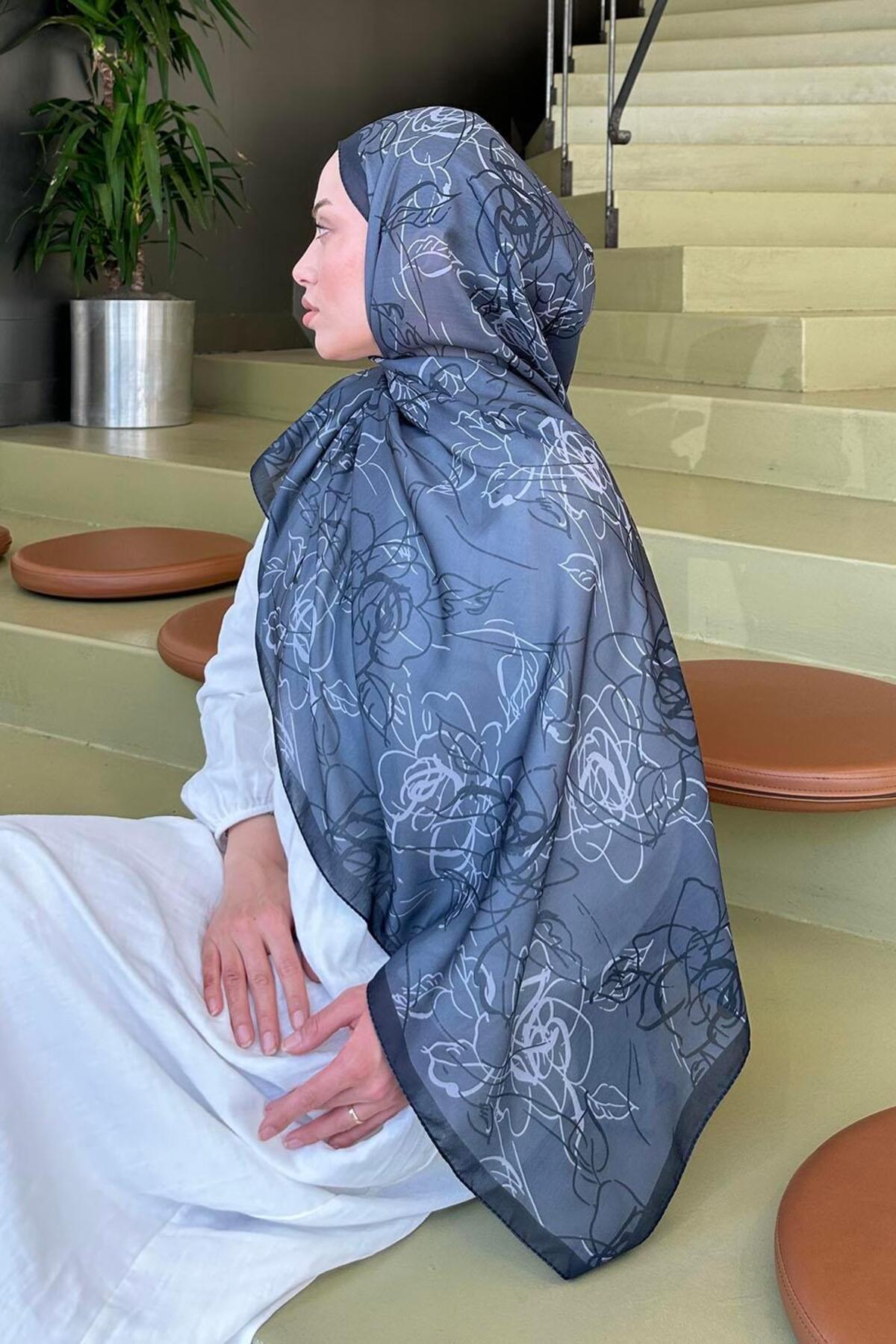 lamelif-Flower Pattern Soft Shawl Anthracite 4