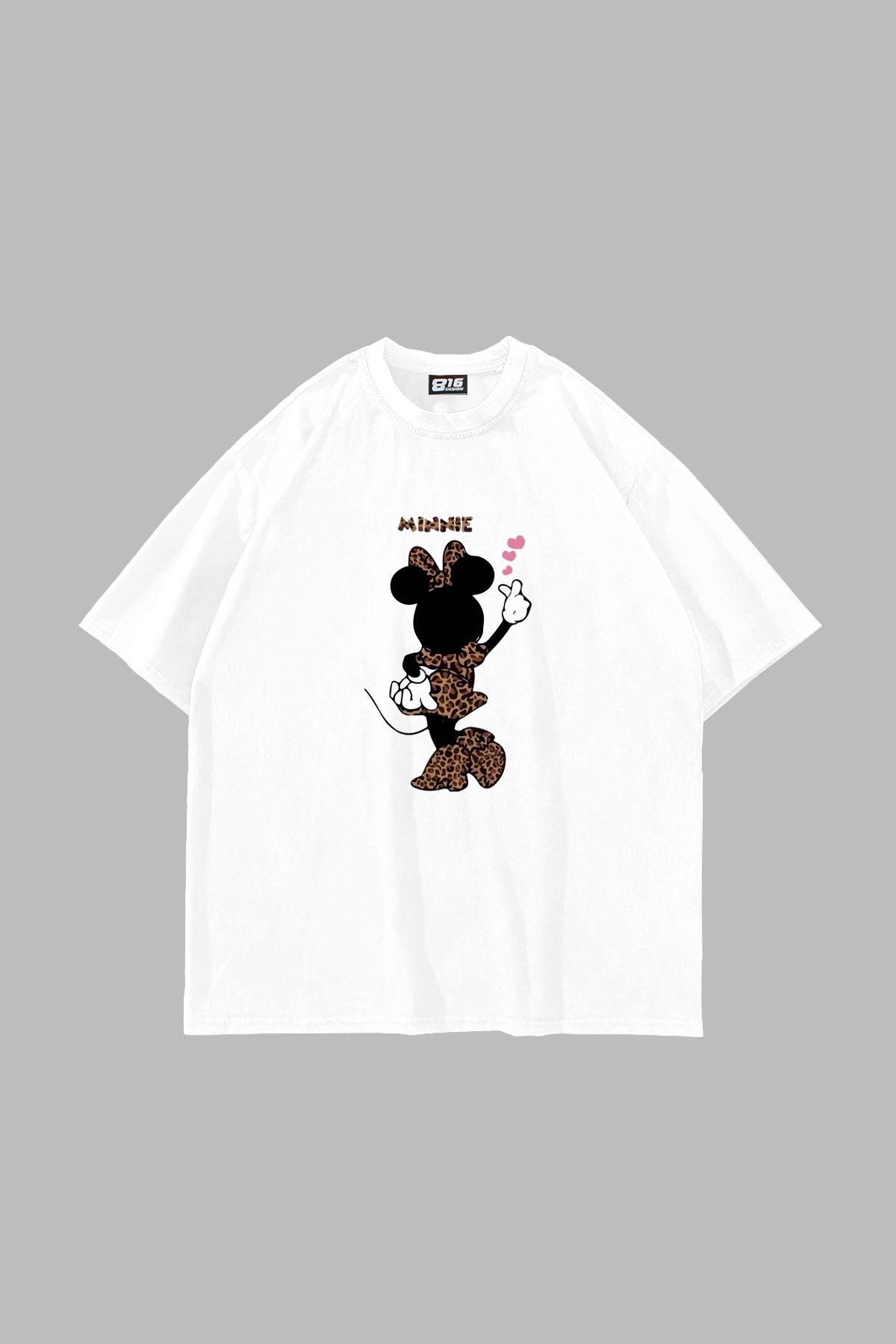 Sekizbiraltı Minnie Baskılı Oversize Unisex Beyaz Tshirt