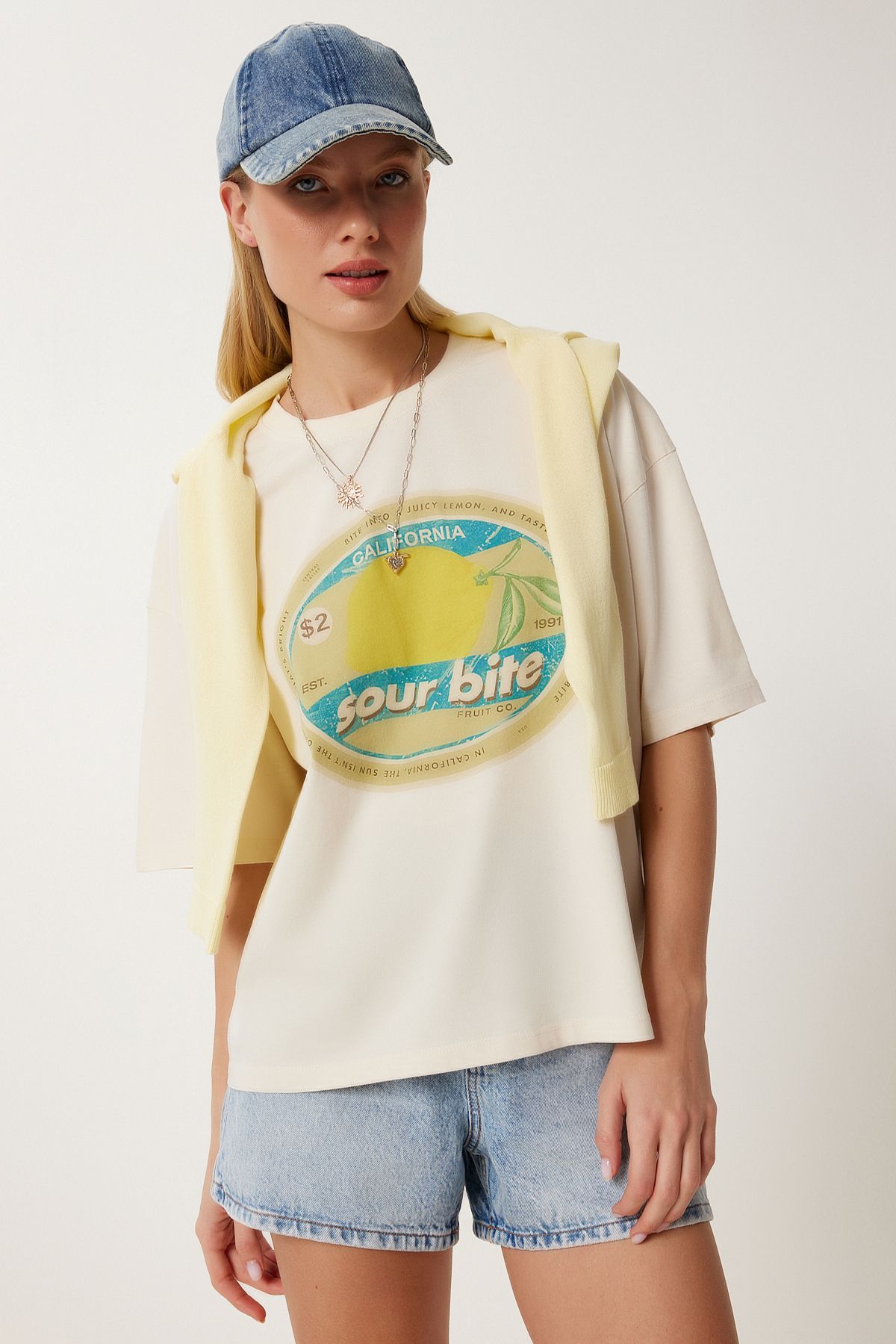 Lovelyİstanbul Baskılı Pamuklu Örme T-shirt KREM LUS0151