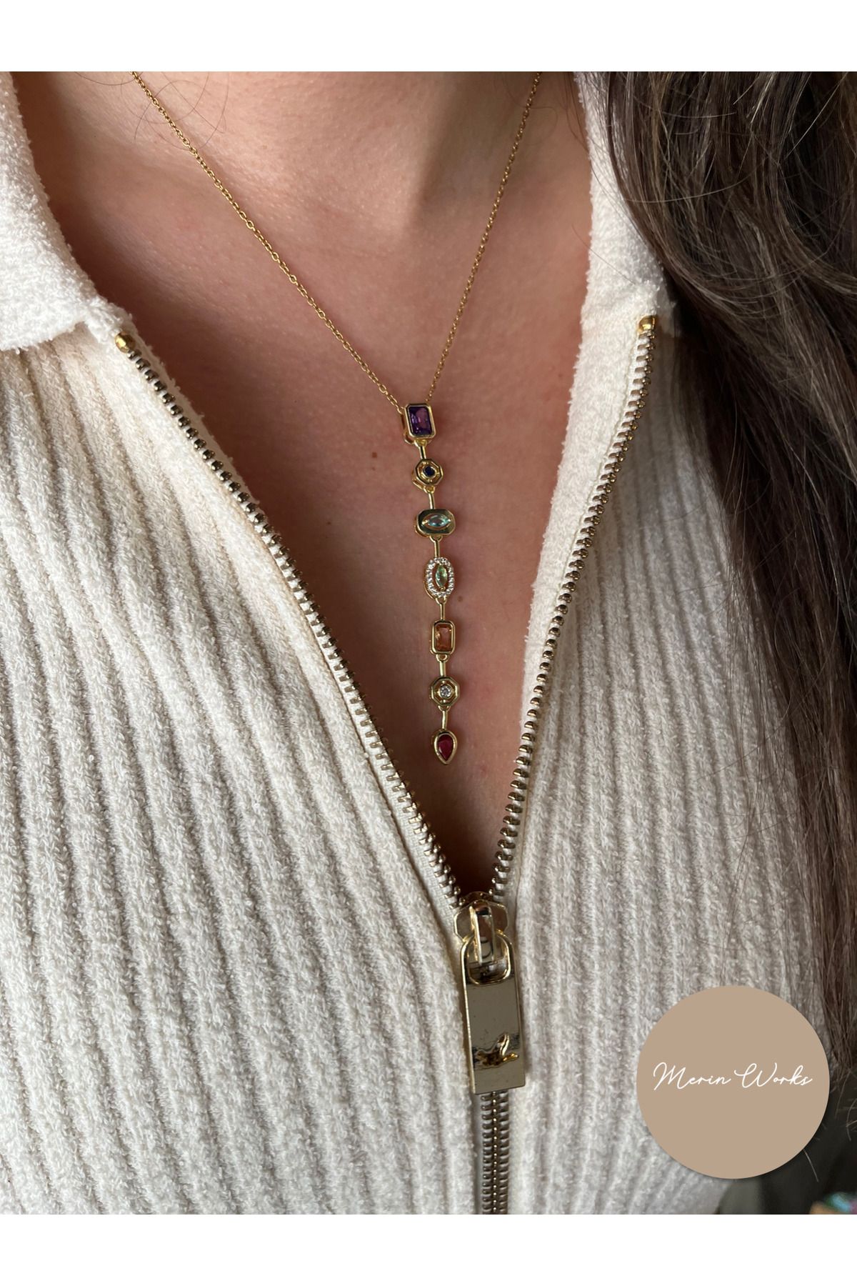 Butik Renkli Taşlı Gold Çelik Y Kolye Ayarlanabilir Zincirli