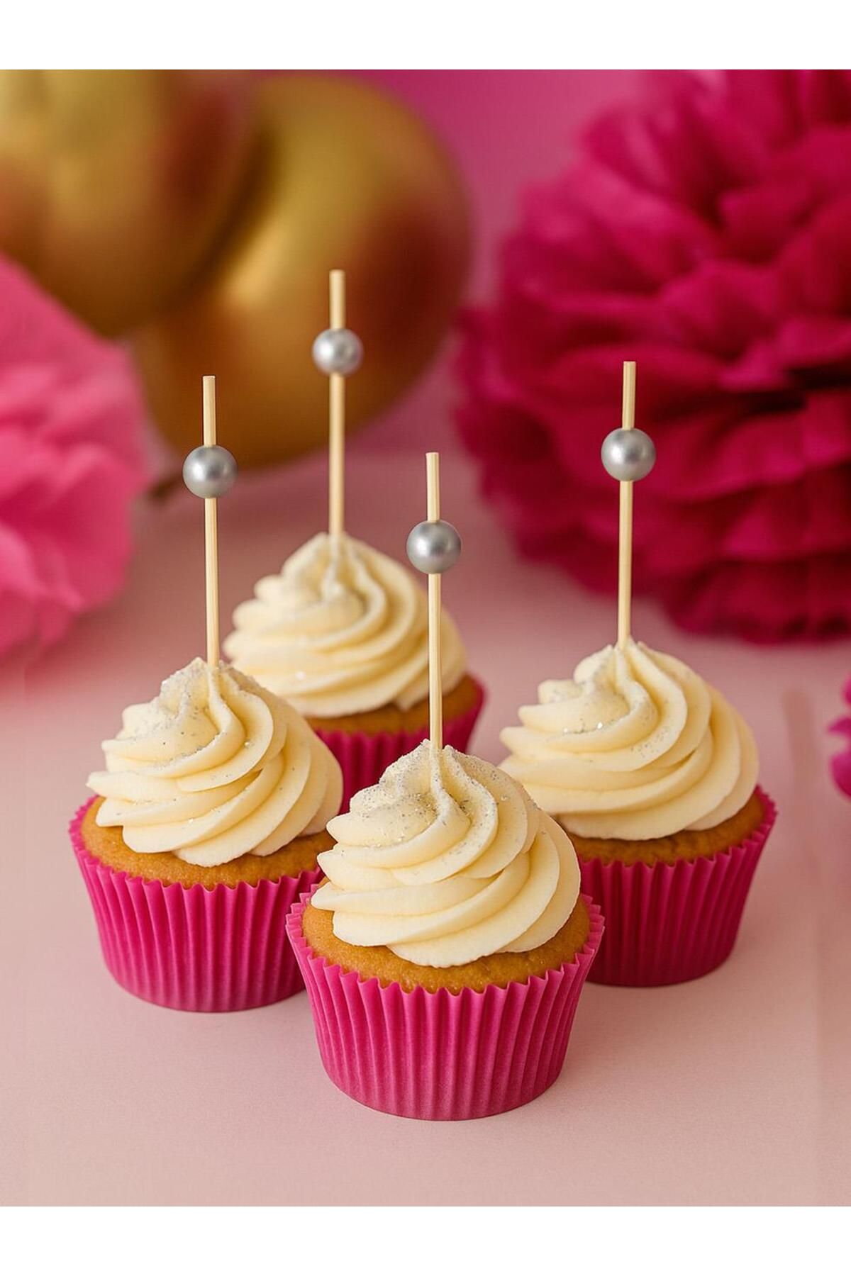 Parti Adresi İncili Kürdan Süslü Dekoratif Cupcake Kokteyl Kürdanı Gümüş 12'li