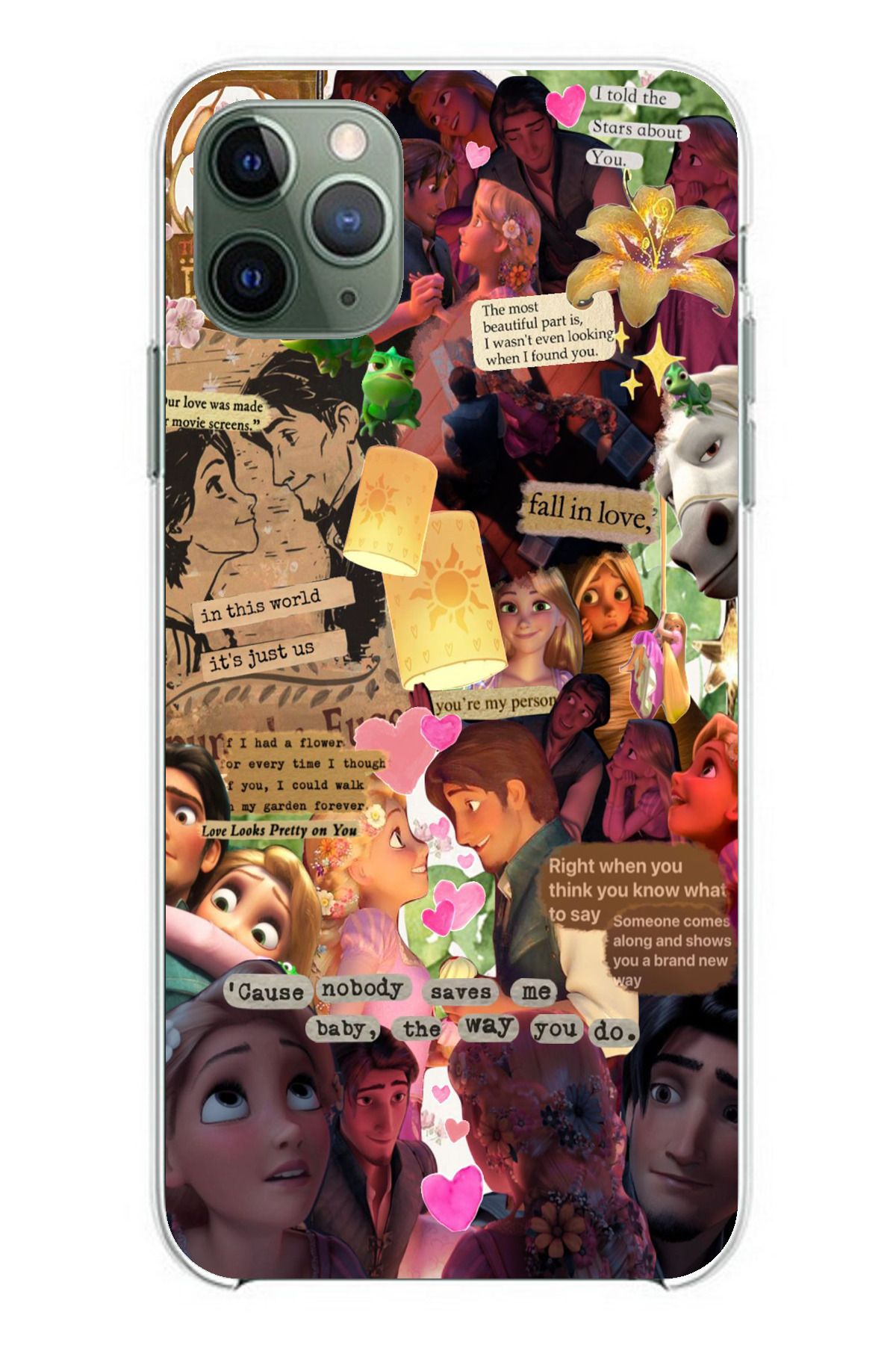 TechTree iPhone 11 PRO Uyumlu Rapunzel Tangled Çıkartma Kolaj Tasarımlı Şeffaf Silikon Kılıf
