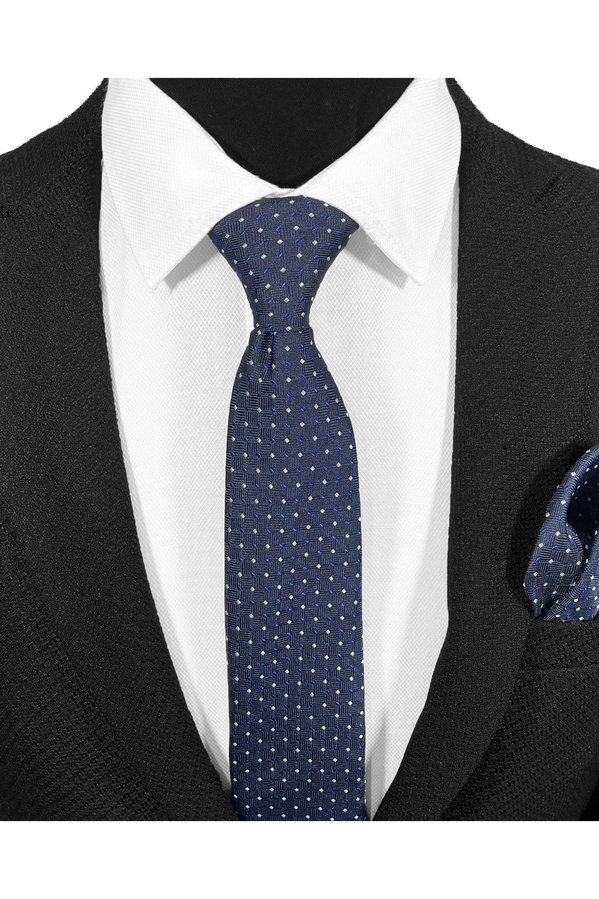 BLC Basic Line Co.-Stylish Microfiber Tie and Pocket Square Set with Navy Blue Background White & Blue Square Pattern – 7 cm 2