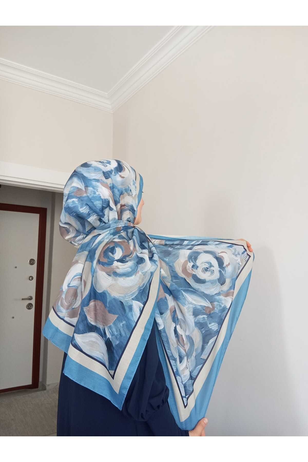 aminebuğlemscarf gül desenli şal - mavi