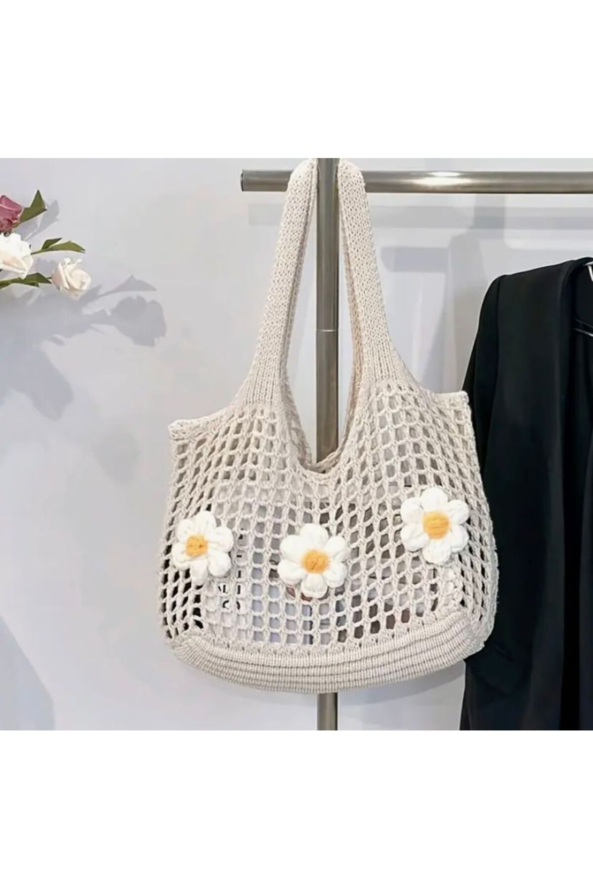 shop Çiçek Motif Kare Örgü Çanta
