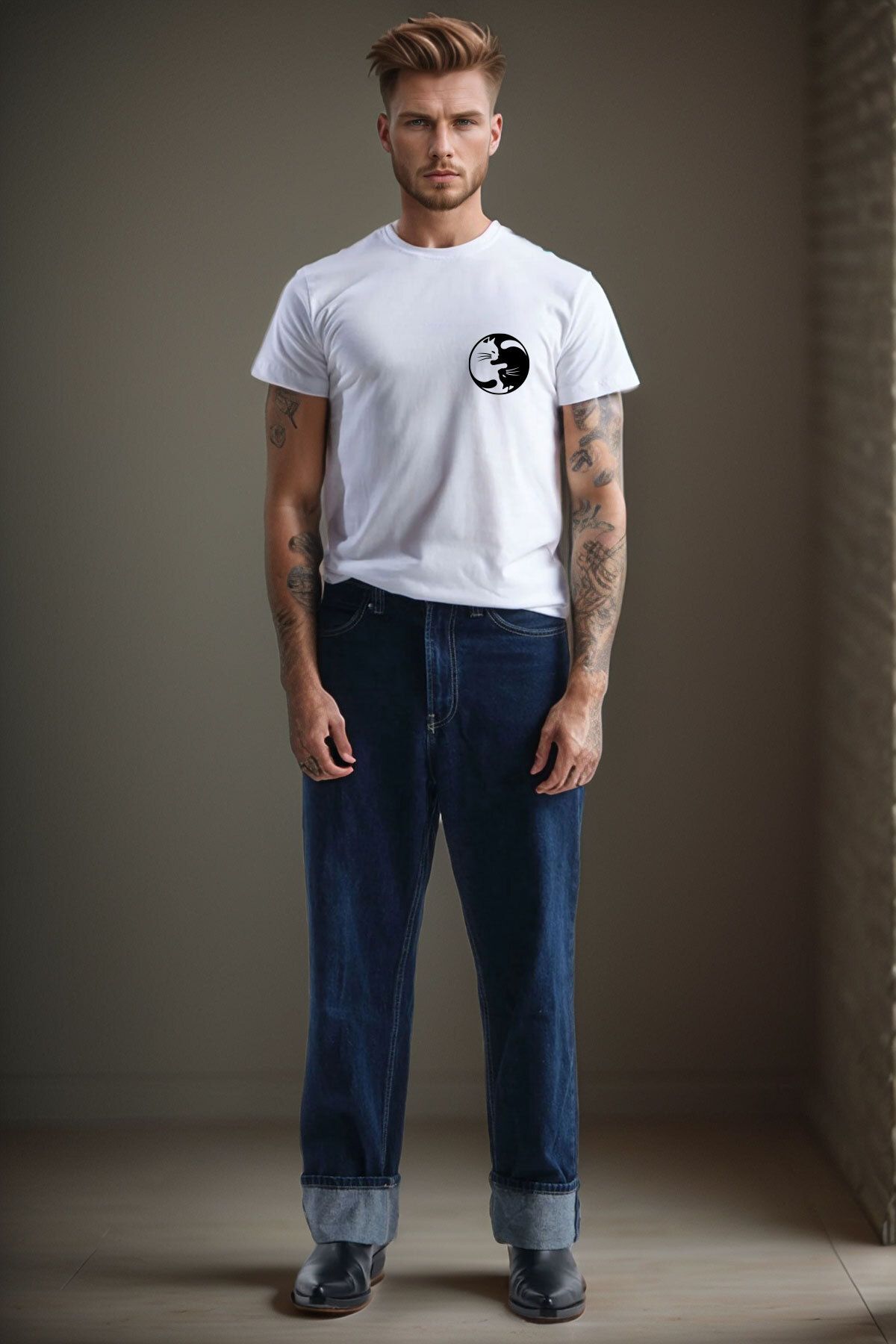 onsrawear Ying Yang Kedi Unisex Baskılı %100 Pamuk Basic Bisiklet Yaka T-shirt