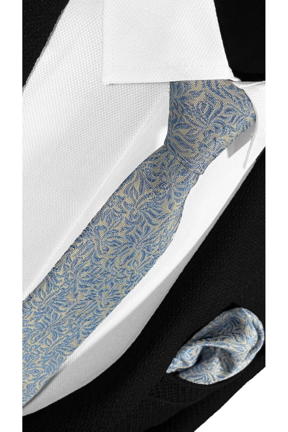 BLC Basic Line Co.-“Blue in Shadow” – Grey & Indigo Patterned Tie and Pocket Square Set (7 cm) 4