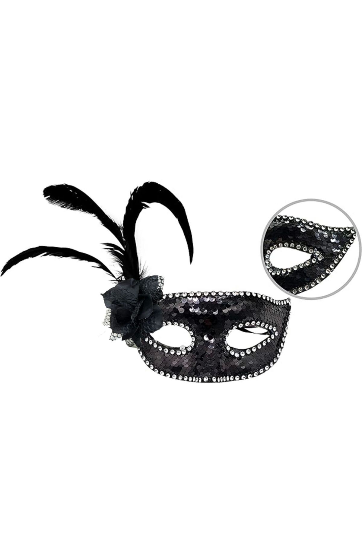 Modafiks Siyah Renk Yandan Tüylü Güllü Gümüş Taşlı Pullu Maske 20x22 Cm