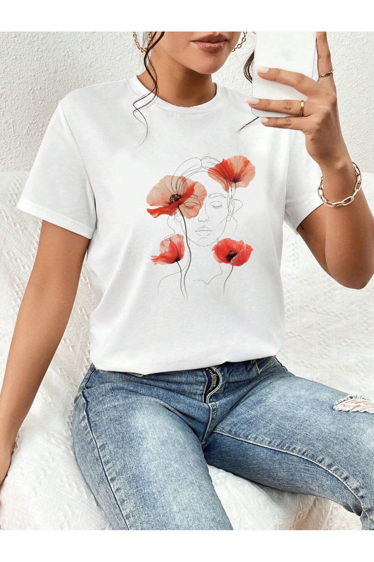 ELNOYA Pamuklu Beyaz Oversize Tişört Yaşamın Renkleri Baskılı Rahat Günlük T-shirt