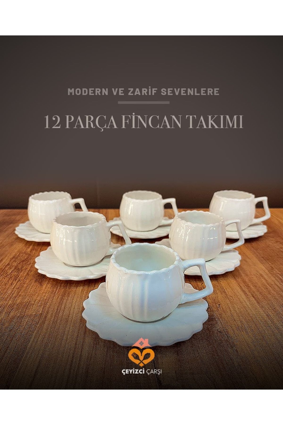 ÇEYİZCİ ÇARŞI ARADIĞIN HERŞEY TEK TIKLA 12 Parça Beyaz Modern Kahve Fincan Takımı – Mat Porselen Dalga Desenli Minimal Tasarım