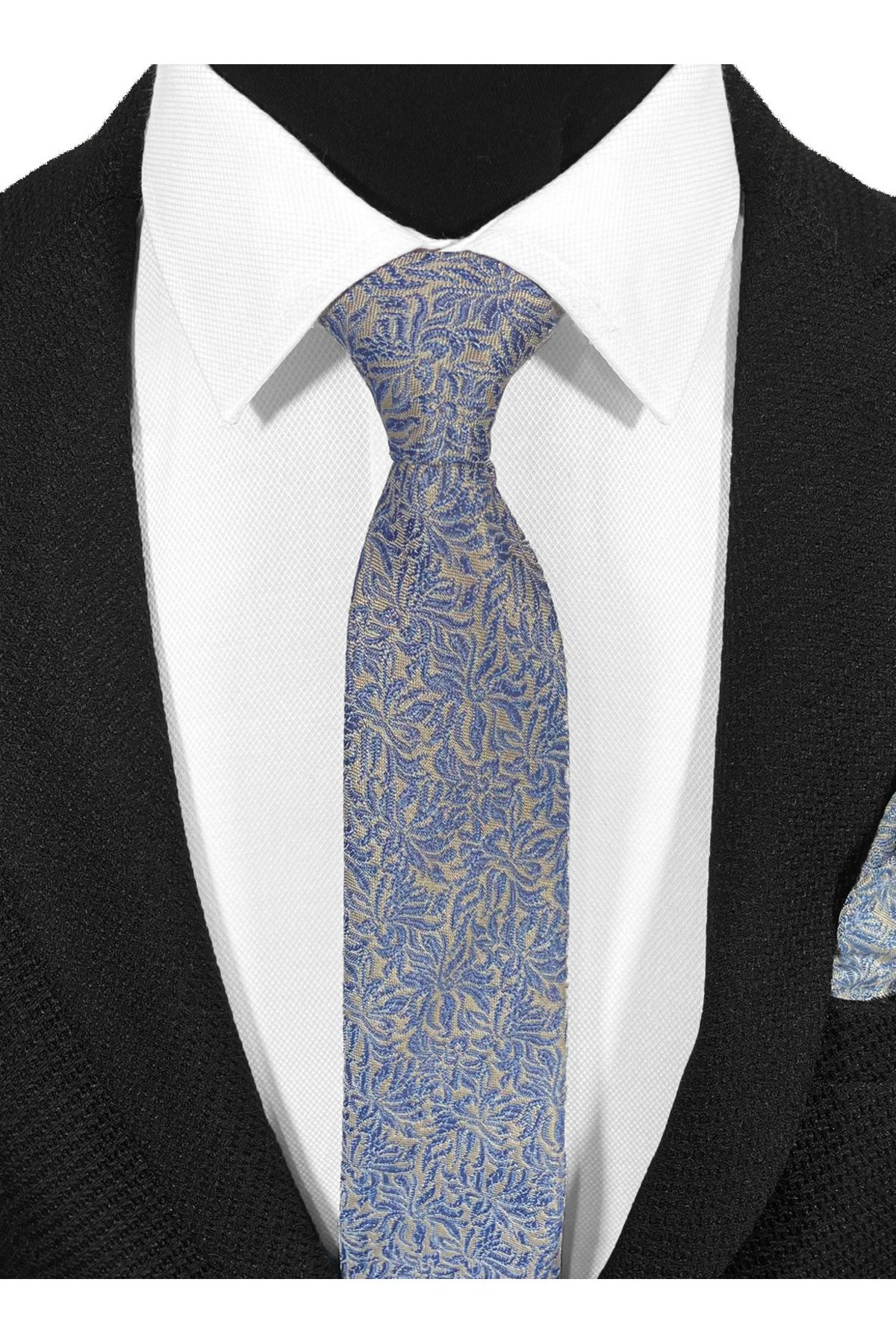 BLC Basic Line Co.-“Blue in Shadow” – Grey & Indigo Patterned Tie and Pocket Square Set (7 cm) 2