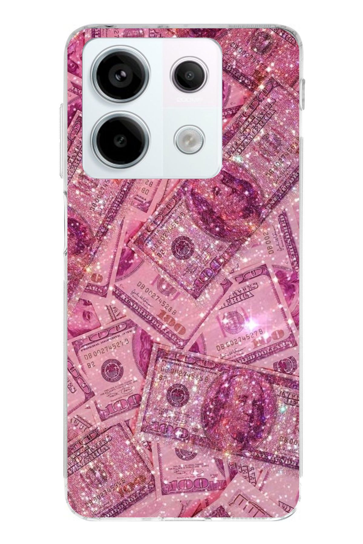 TechTree Redmi Note 13 PRO 5G Uyumlu Pembe Işıltılı Dolarlar Şeffaf Silikon Kılıf