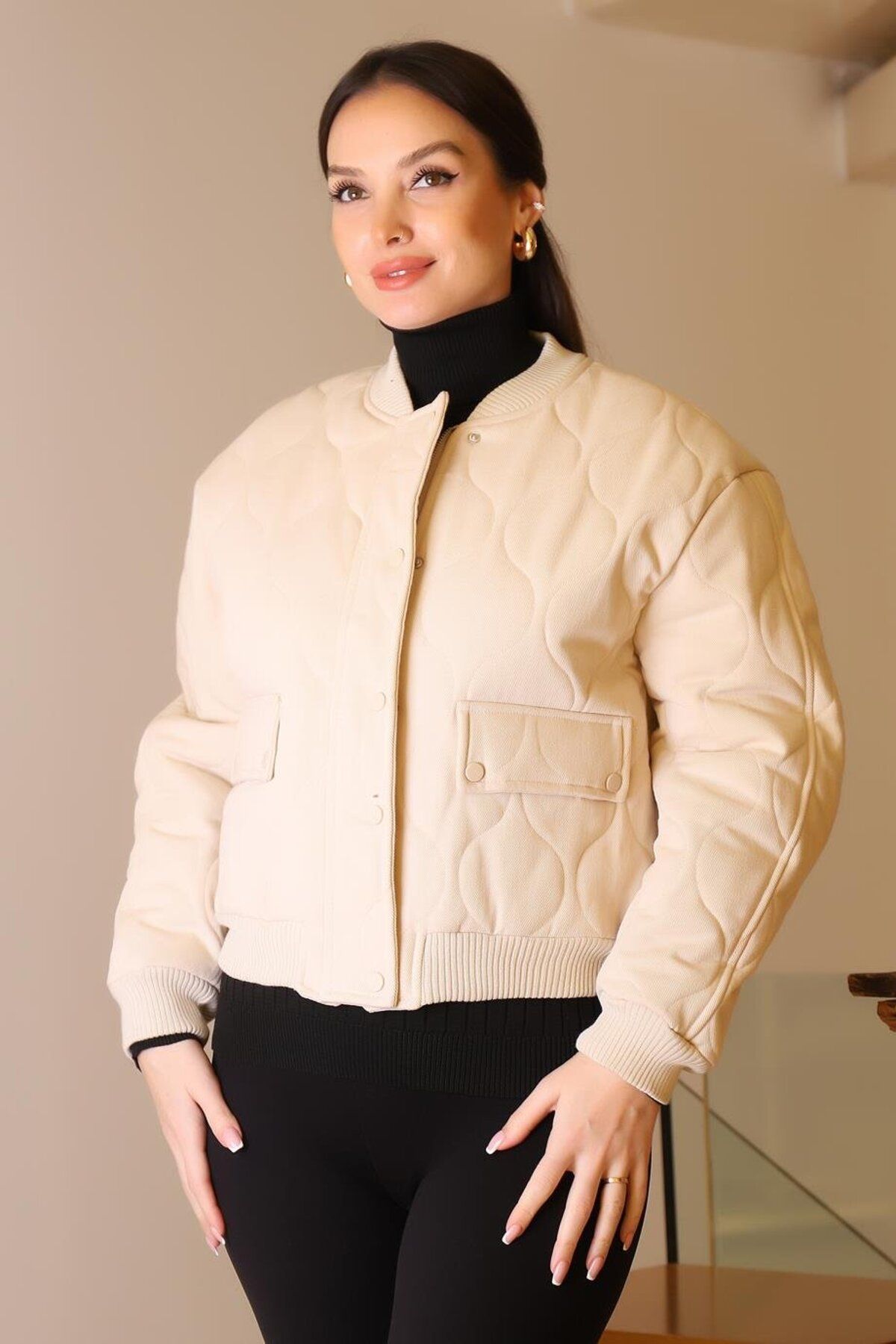 Nazen Giyim DİK YAKA ÇITÇITLI TAŞ KADIN MONT D99516-2K5