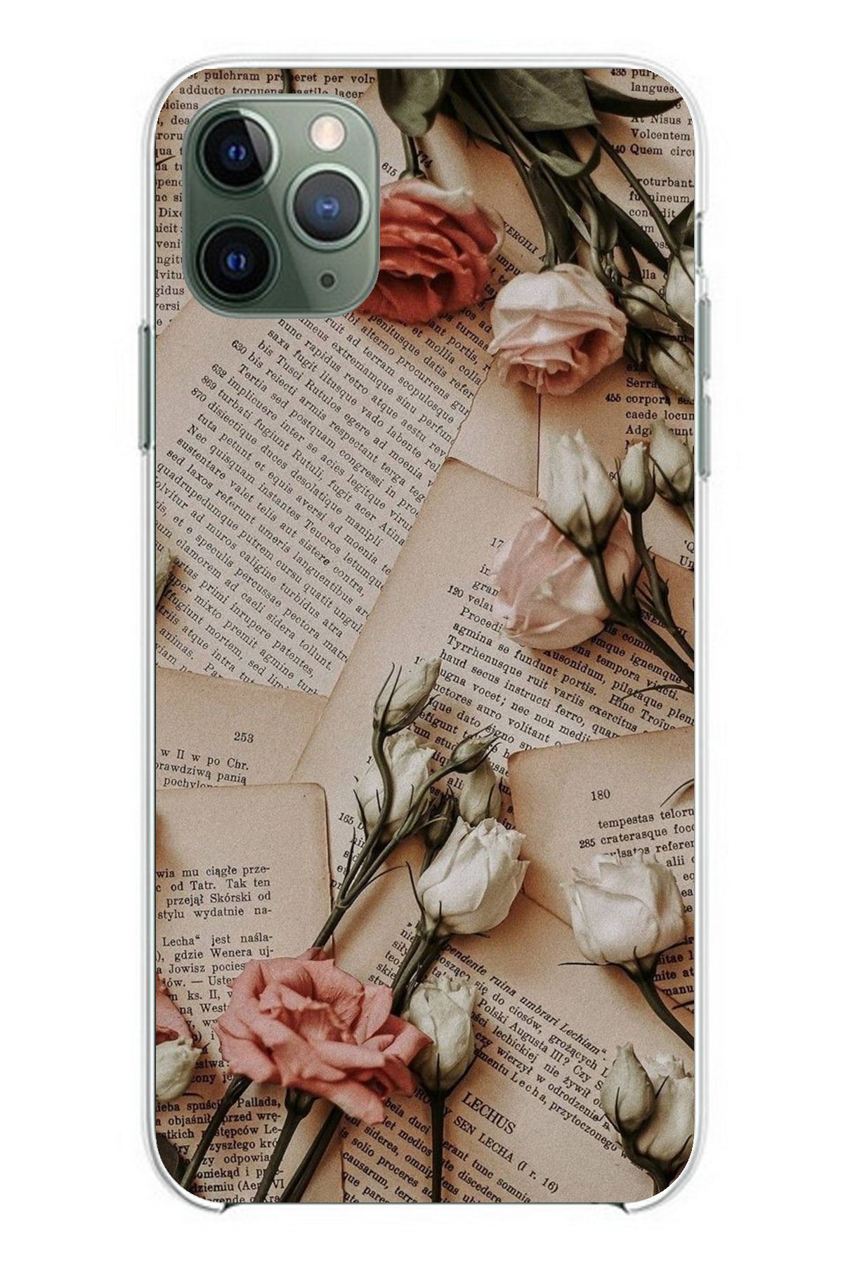 TechTree iPhone 11 PRO Uyumlu Retro Gazete Güller Tasarımlı Şeffaf Silikon Kılıf
