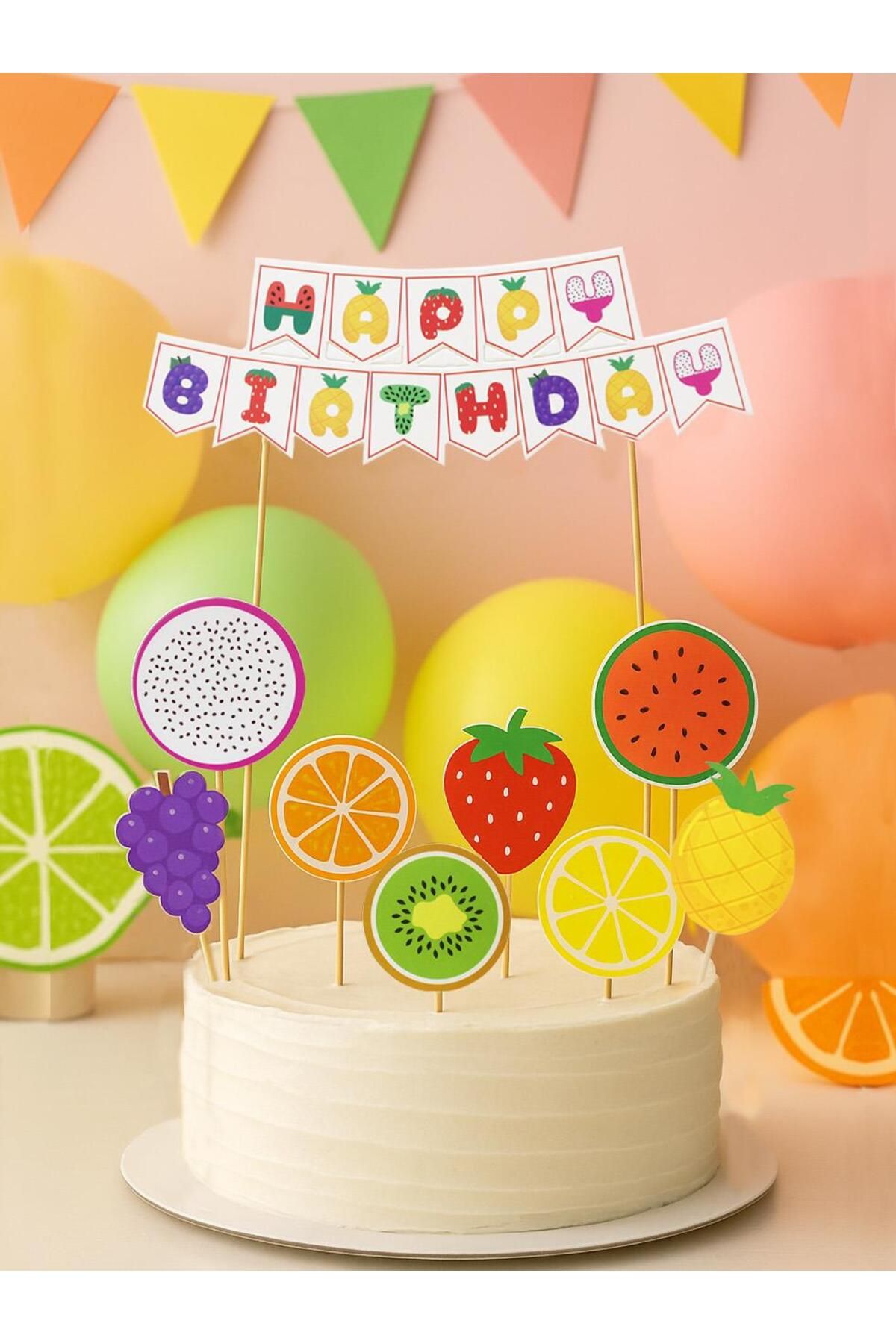 Parti Adresi Renkli Meyve Temalı Happy Birthday Kürdan Pasta Süsü 9'lu