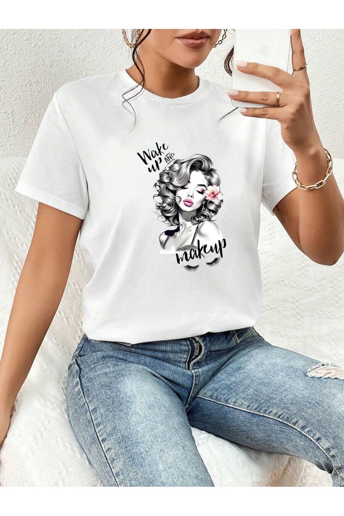 ELNOYA Pamuklu Beyaz Oversize Tişört Wake Up and Makeup Stili Baskılı Rahat Günlük T-shirt