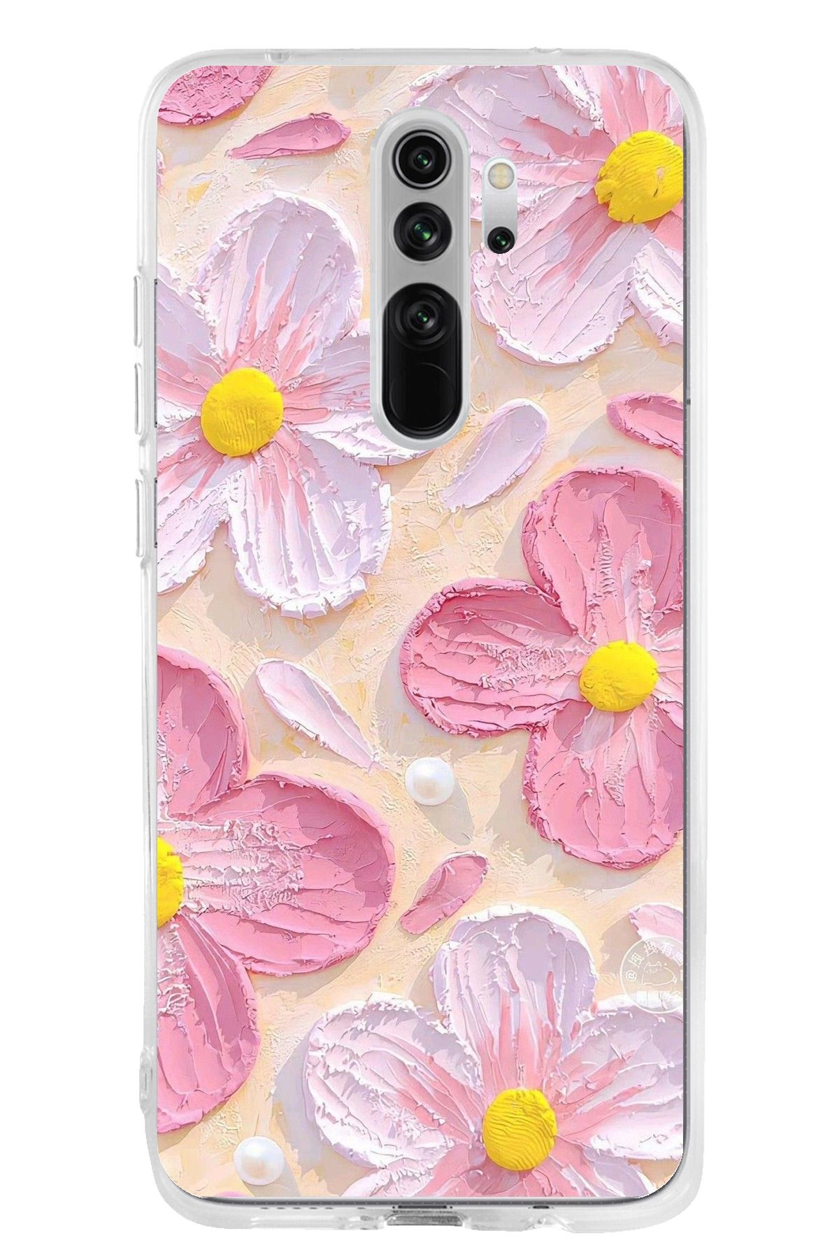 TechTree Redmi Note 8 Pro Uyumlu Pembe Beyaz Çiçekler Sulu Boya Şeffaf Silikon Kılıf