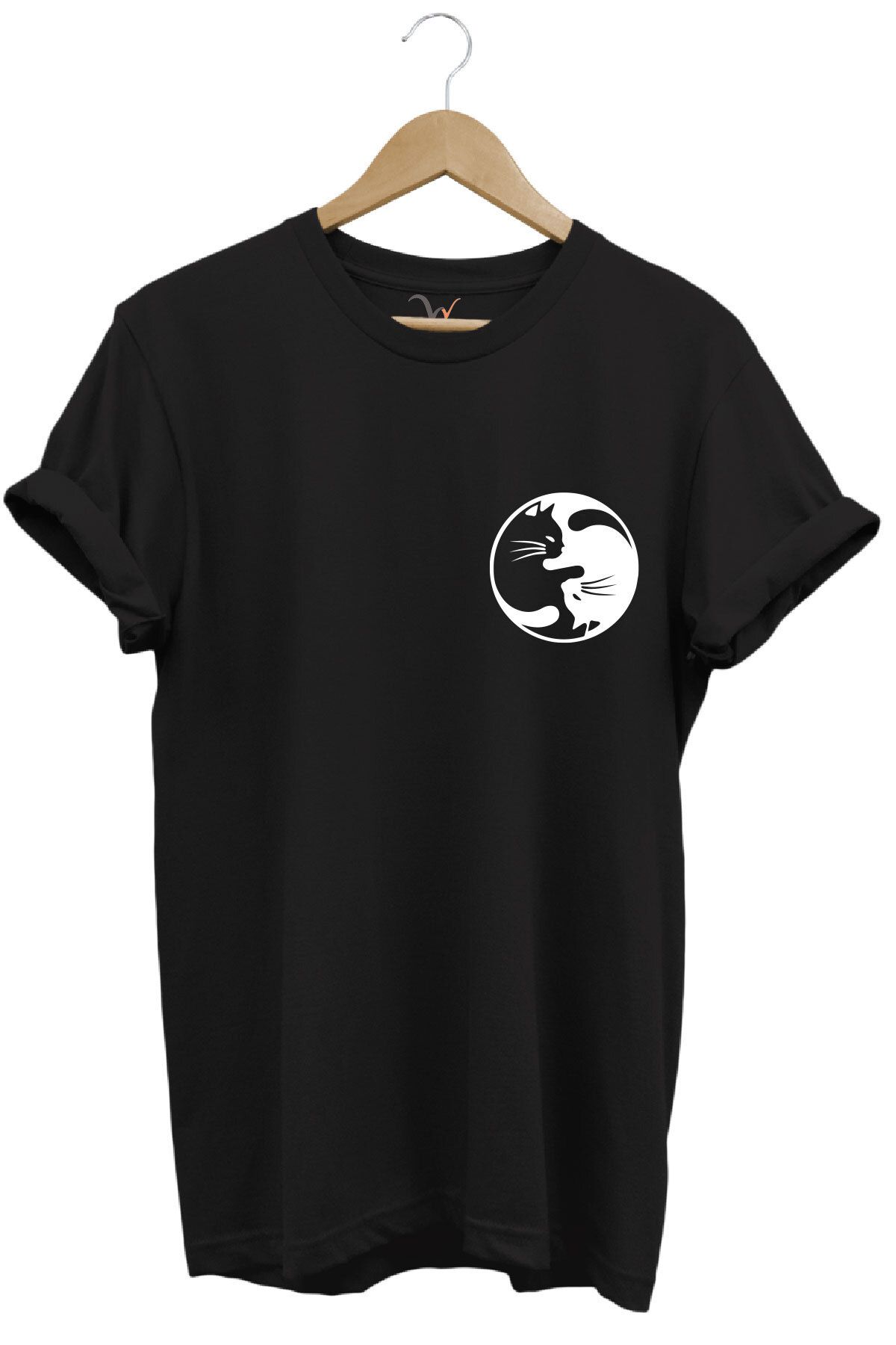 onsrawear Ying Yang Kedi Unisex Baskılı %100 Pamuk Basic Bisiklet Yaka T-shirt