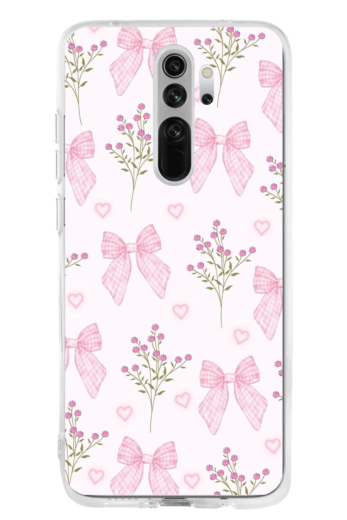 TechTree Redmi Note 8 Pro Uyumlu Pembe Çiçek ve Fiyonklar Şeffaf Silikon Kılıf