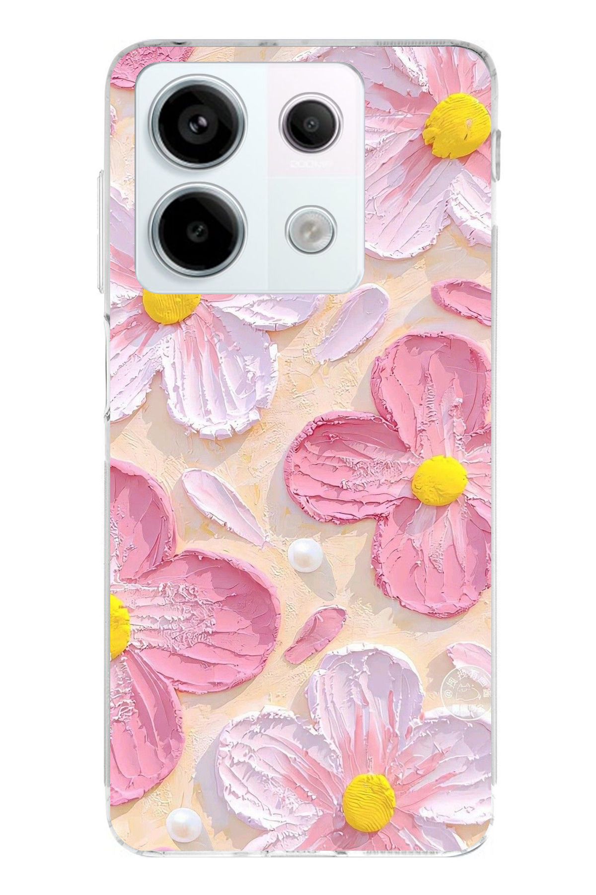 TechTree Redmi Note 13 PRO 5G Uyumlu Pembe Beyaz Çiçekler Sulu Boya Şeffaf Silikon Kılıf