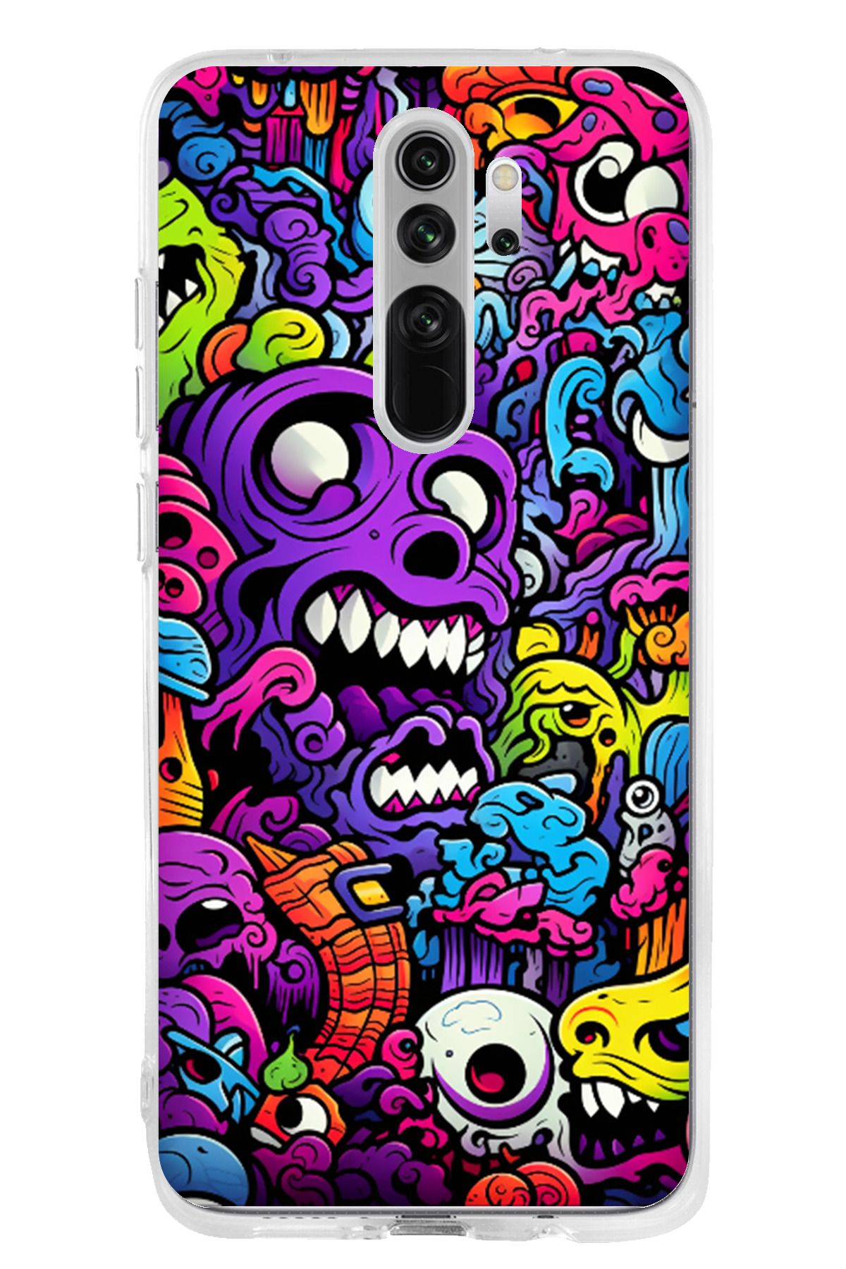 TechTree Redmi Note 8 Pro Uyumlu Psikodeli Renkli Canavarlar Şeffaf Silikon Kılıf