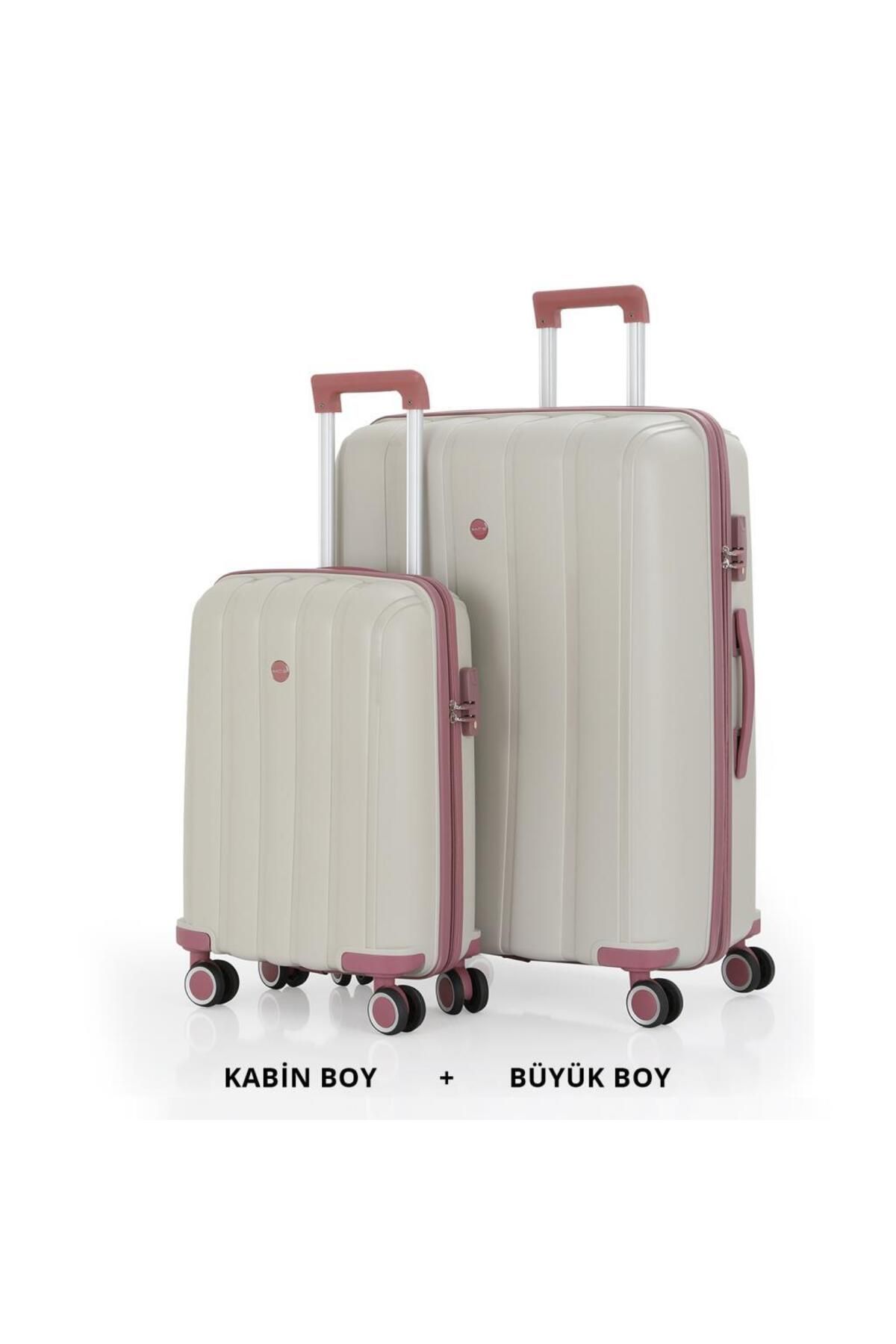 MÇS Bavul Büyük ve Kabin 2li Set Kırılmaz Silikon Valiz V305 Kemik/KoyuPudra