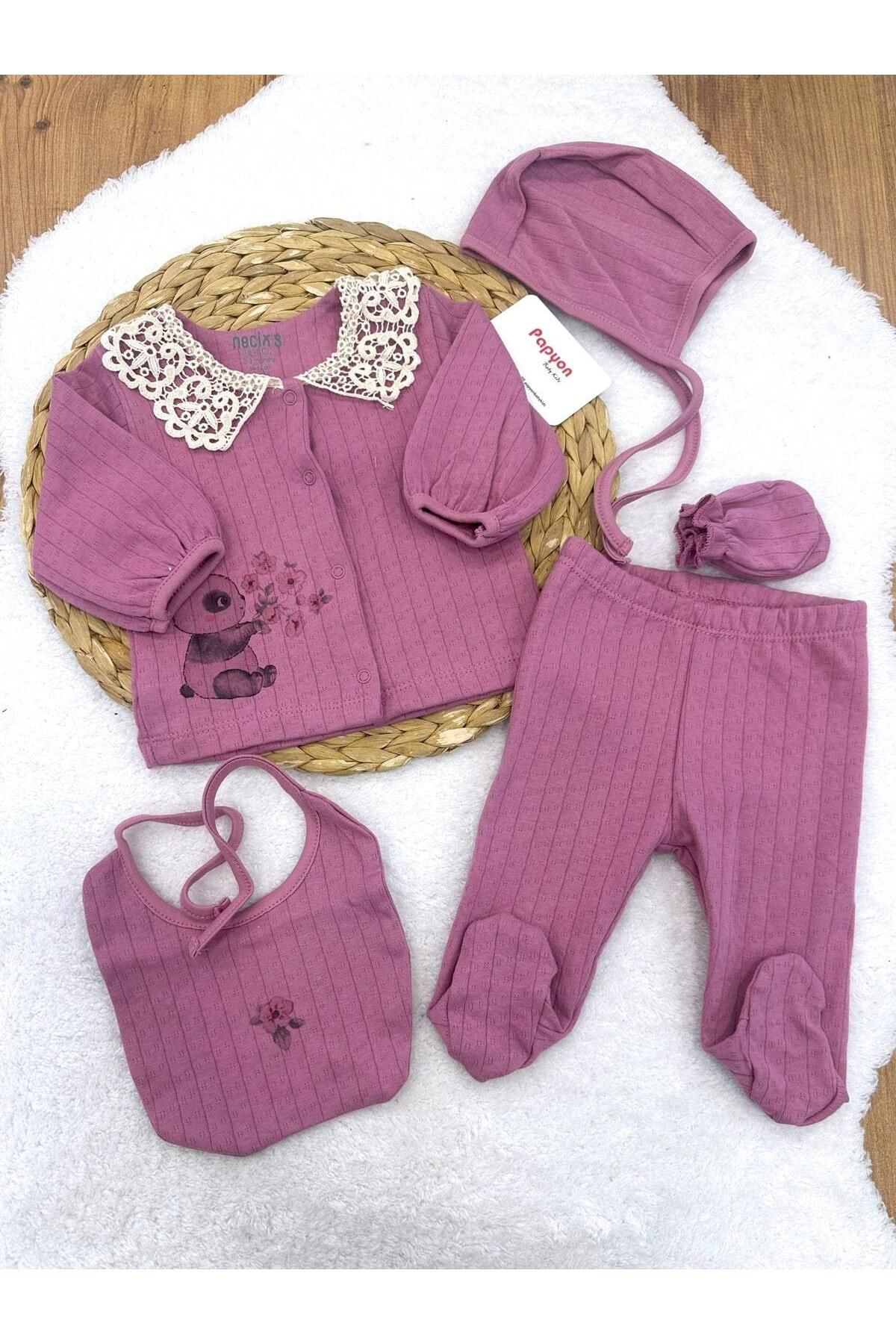 Papyon Baby Kids Dantelli Yakalı Panda Baskılı Yenidoğan Kız Bebek 5li Zıbın Set Hastane Çıkışı