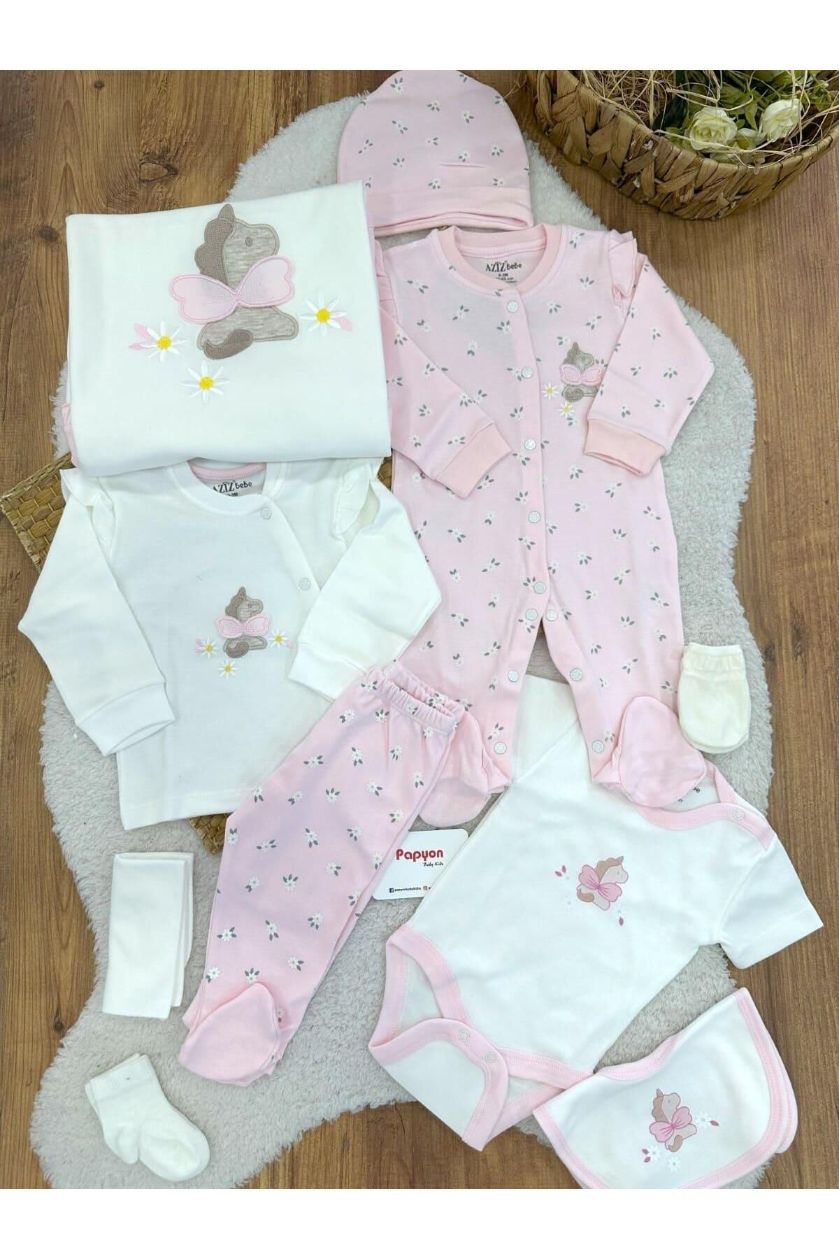 Papyon Baby Kids Papatyalı Unicorn Yenidoğan Kız Bebek 10lu Zıbın Set Hastane Çıkışı