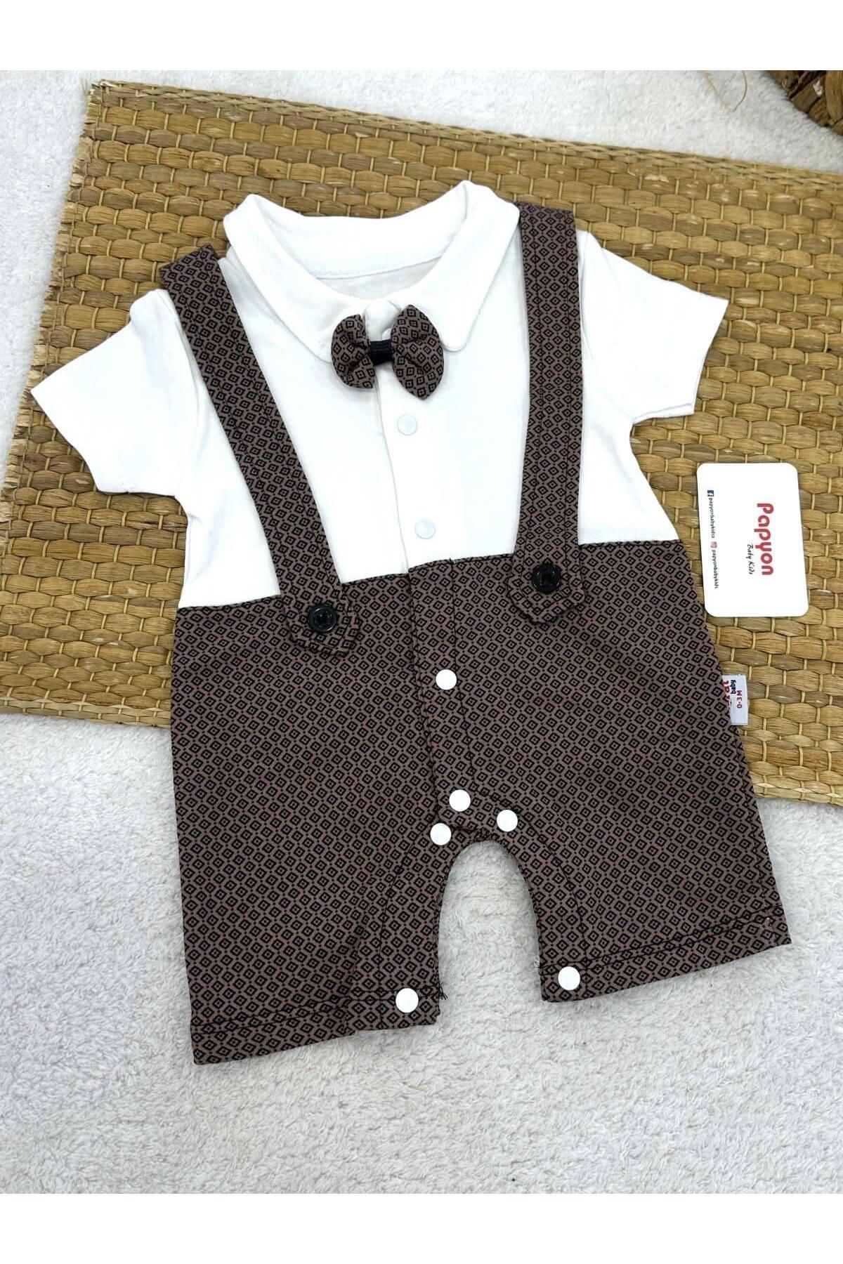 Papyon Baby Kids Papyonlu Yakalı Noktalı Kare Desenli Erkek Bebek Şort Tulum (0-3/3-6/6-9/9-12 Ay)