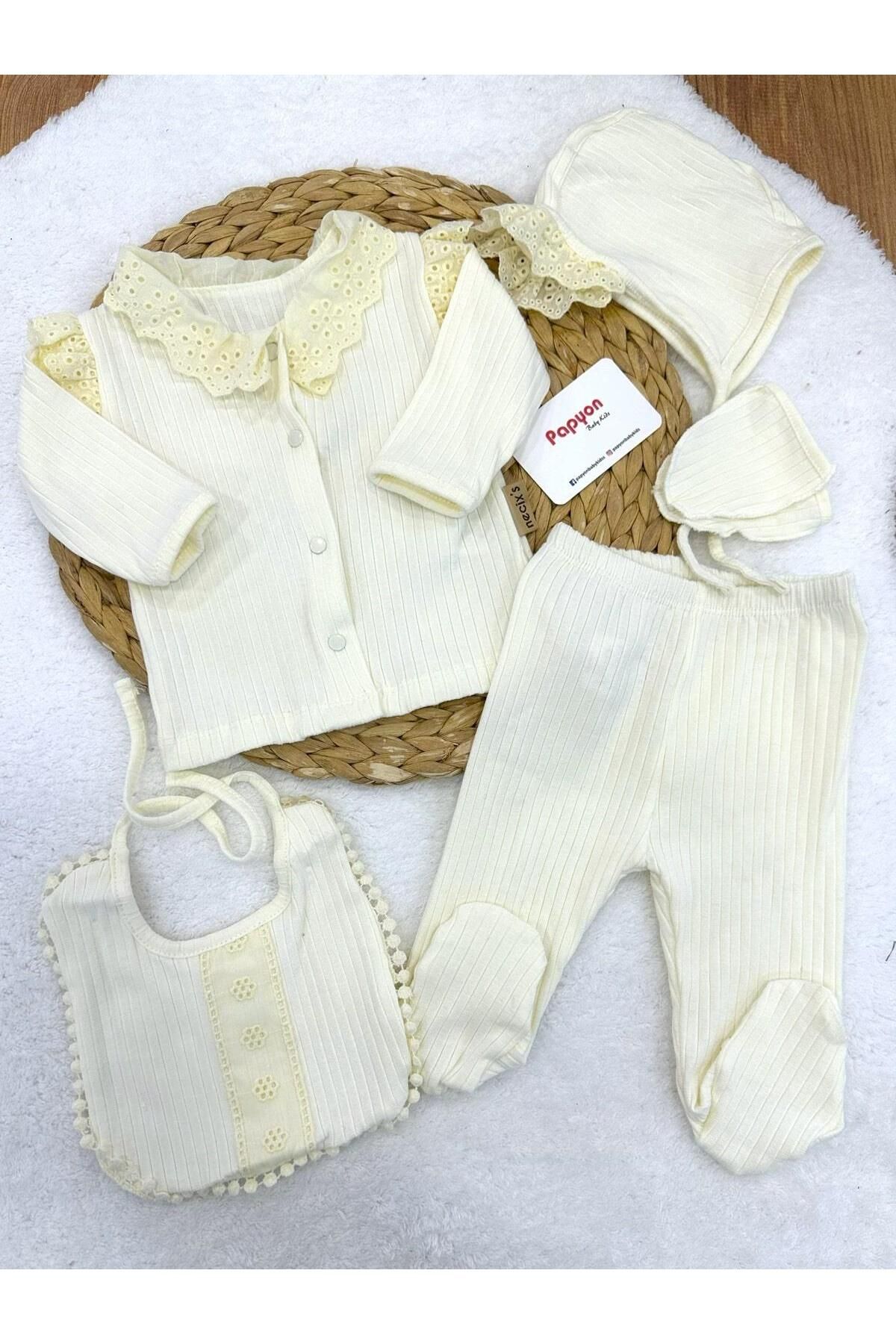 Papyon Baby Kids Kaşkorse Soft Organik Yenidoğan Kız Bebek 5li Zıbın Set Hastane Çıkışı