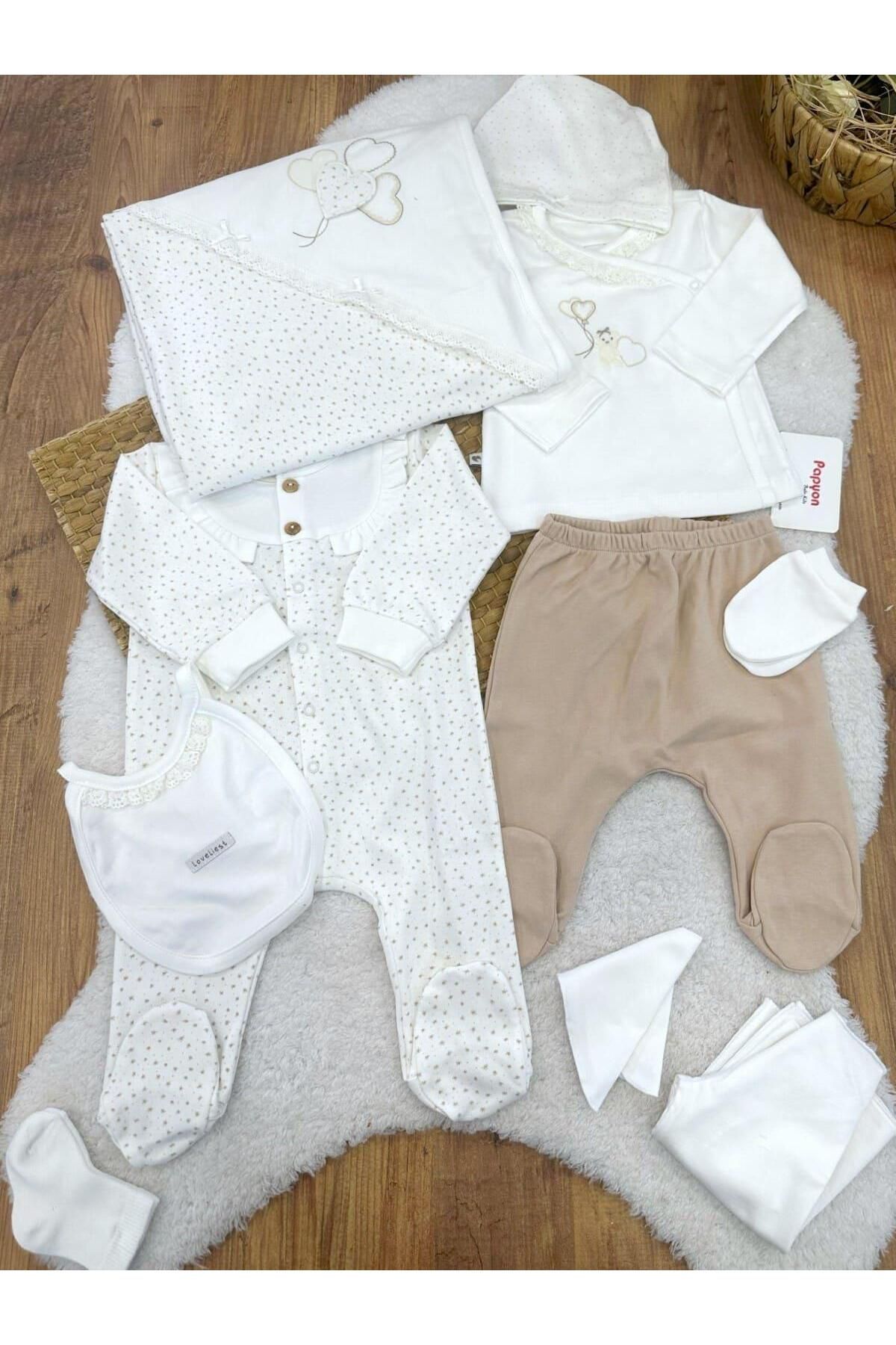 Papyon Baby Kids Kalp Nakışlı Yıldızlı Yenidoğan Kız Bebek Natural 10lu Zıbın Set Hastane Çıkışı