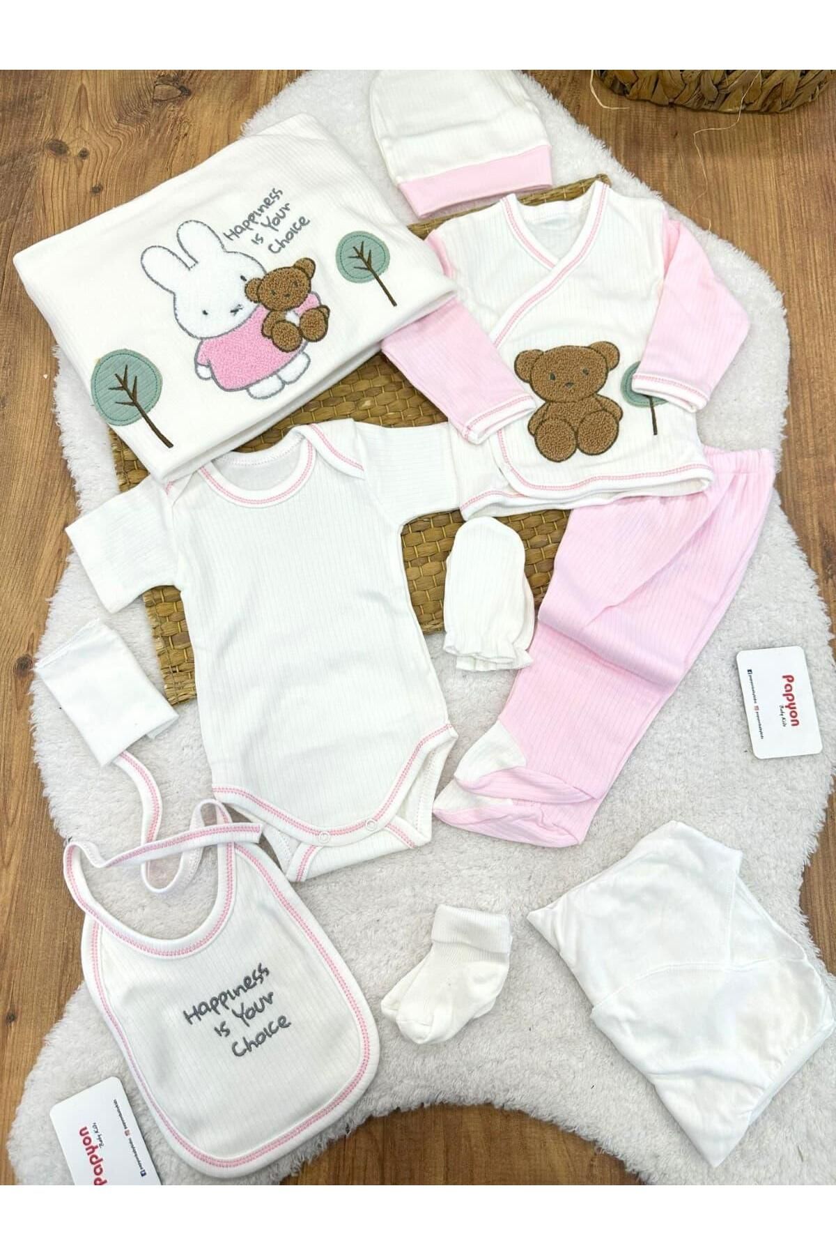 Papyon Baby Kids Süzene Ayıcıklı Tavşan Fitilli Yenidoğan Kız Bebek 10lu Zıbın Set Hastane Çıkışı