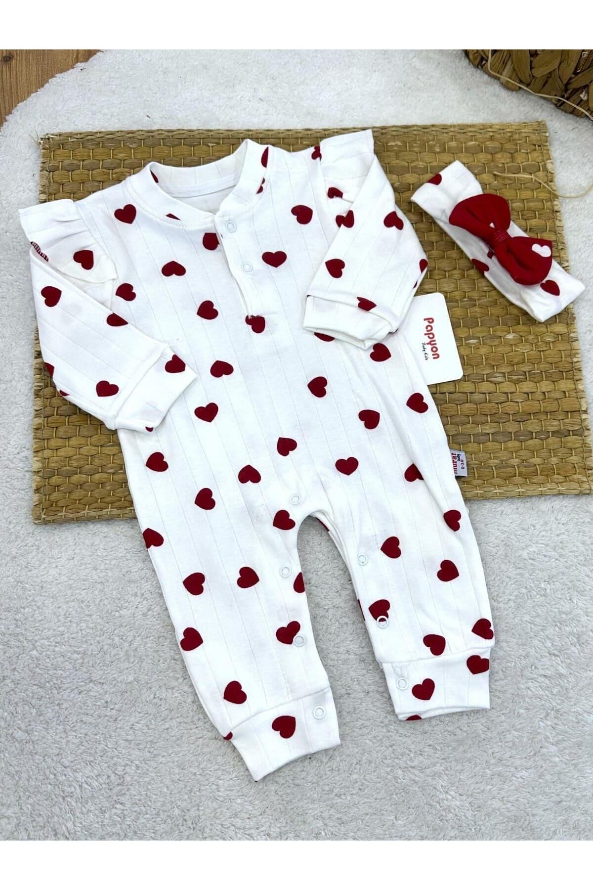 Papyon Baby Kids Kalp Desenli Omuz Fırfırlı Bandanalı Kız Bebek Tulum (0-3/3-6/6-9/9-12 Ay)