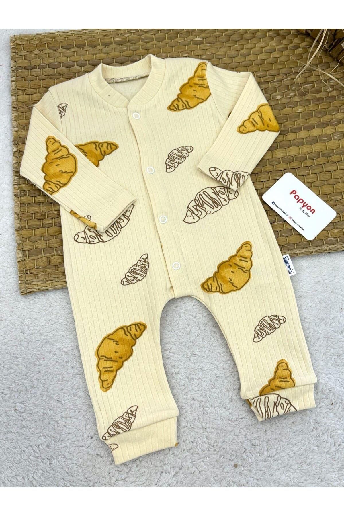 Papyon Baby Kids Beyaz Kruvasan Baskılı Fitilli Uniseks Bebek Tulum (0-3/3-6/6-9 Ay)