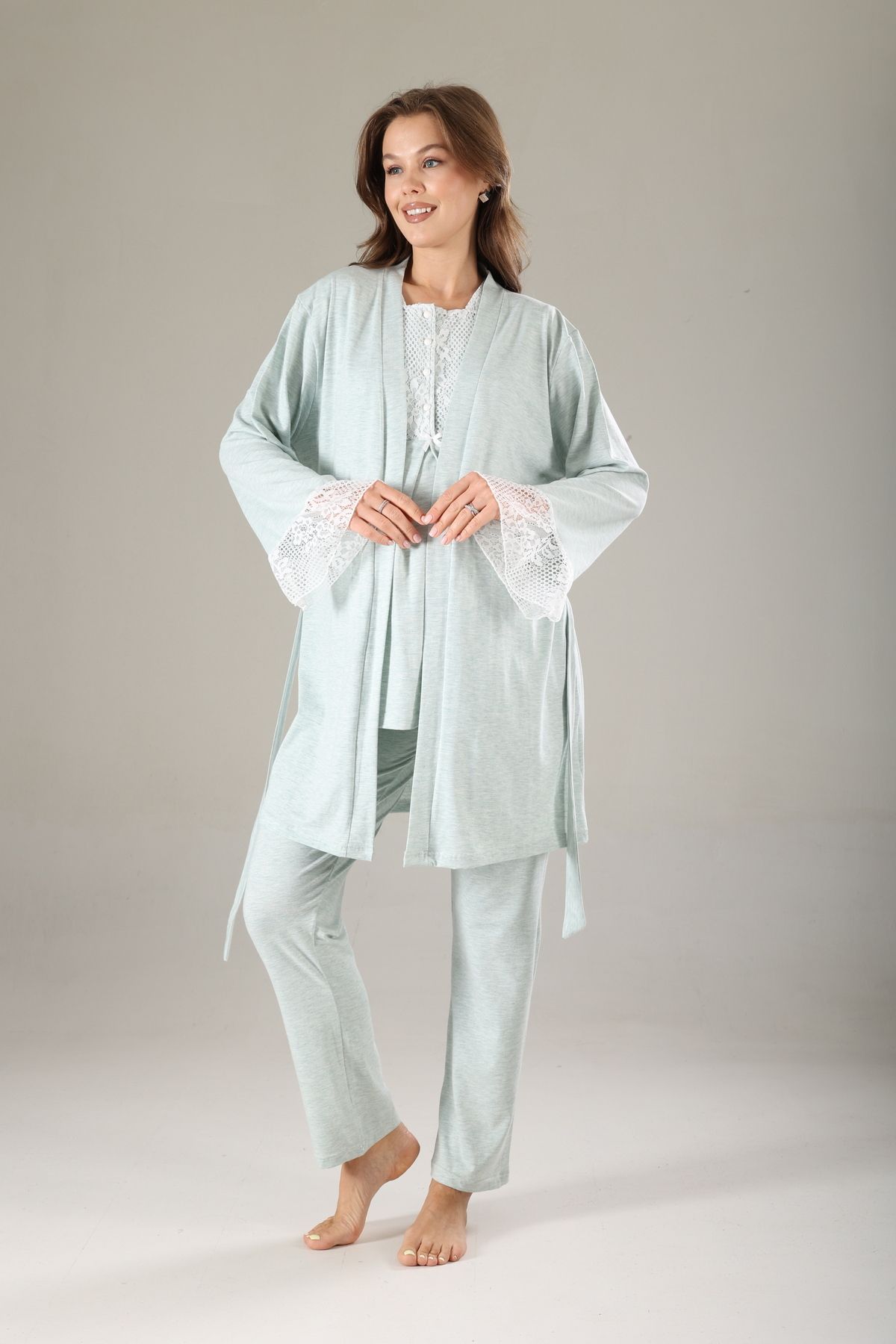 Lohusa Homewear Su Yeşili Özel Tasarım Dantelli Pamuklu Sabahlıklı Hamile Lohusa Pijama Takımı