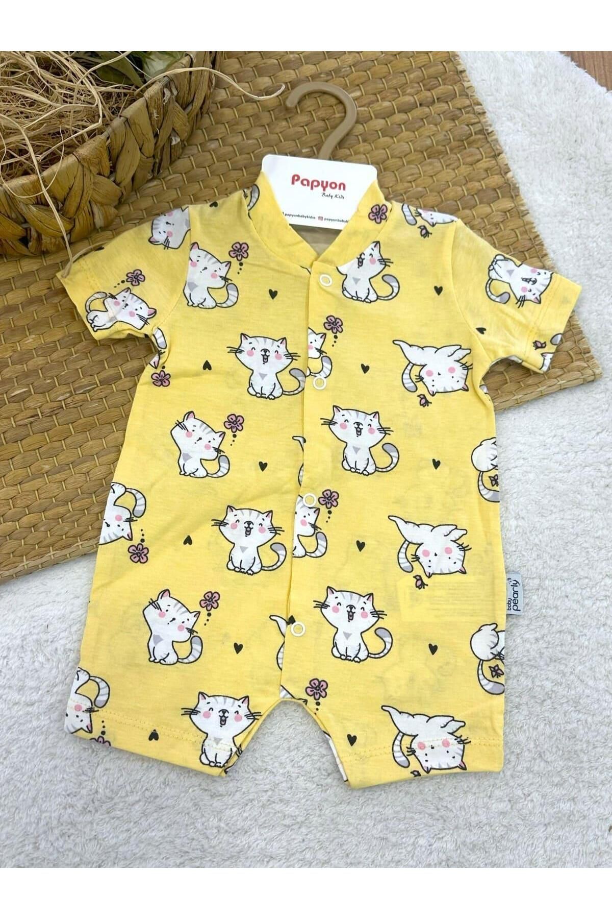Papyon Baby Kids Kedi Desenli Kız Bebek Yazlık Tulum (3-6/6-9/9-12 Ay)