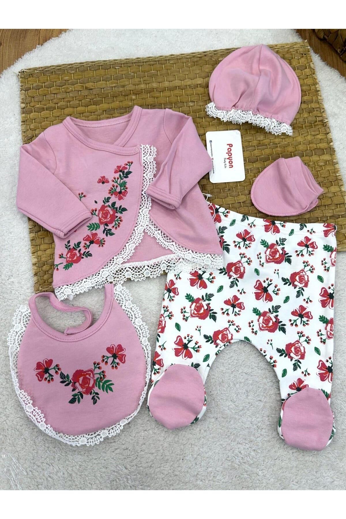 Papyon Baby Kids Flower Garden Yenidoğan Kız Bebek 5li Zıbın Set Hastane Çıkışı