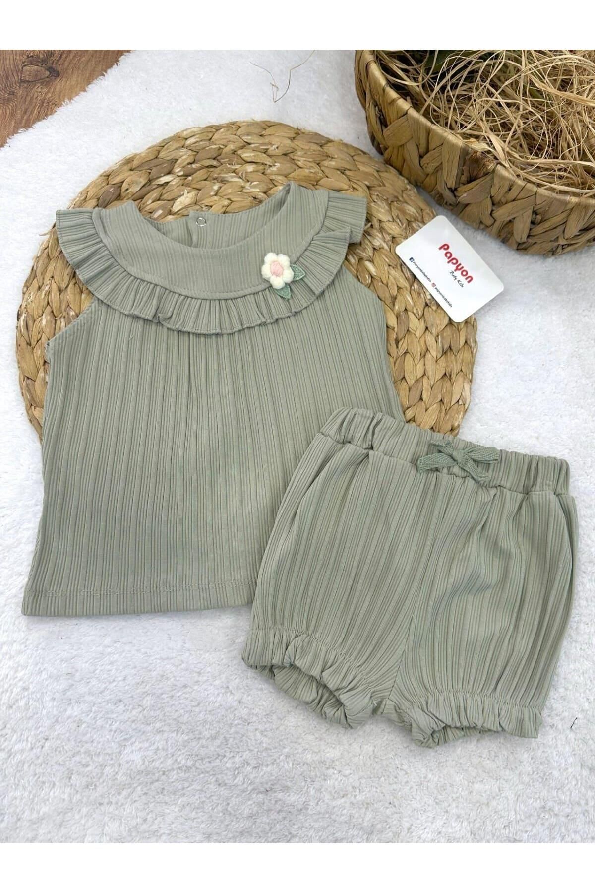 Papyon Baby Kids Örgü Çiçek Aksesuarlı Fırfırlı Yakalı Fitilli Kız Bebek Şortlu Takım (6-9/9-12/12-18/18-24/24-36 Ay)