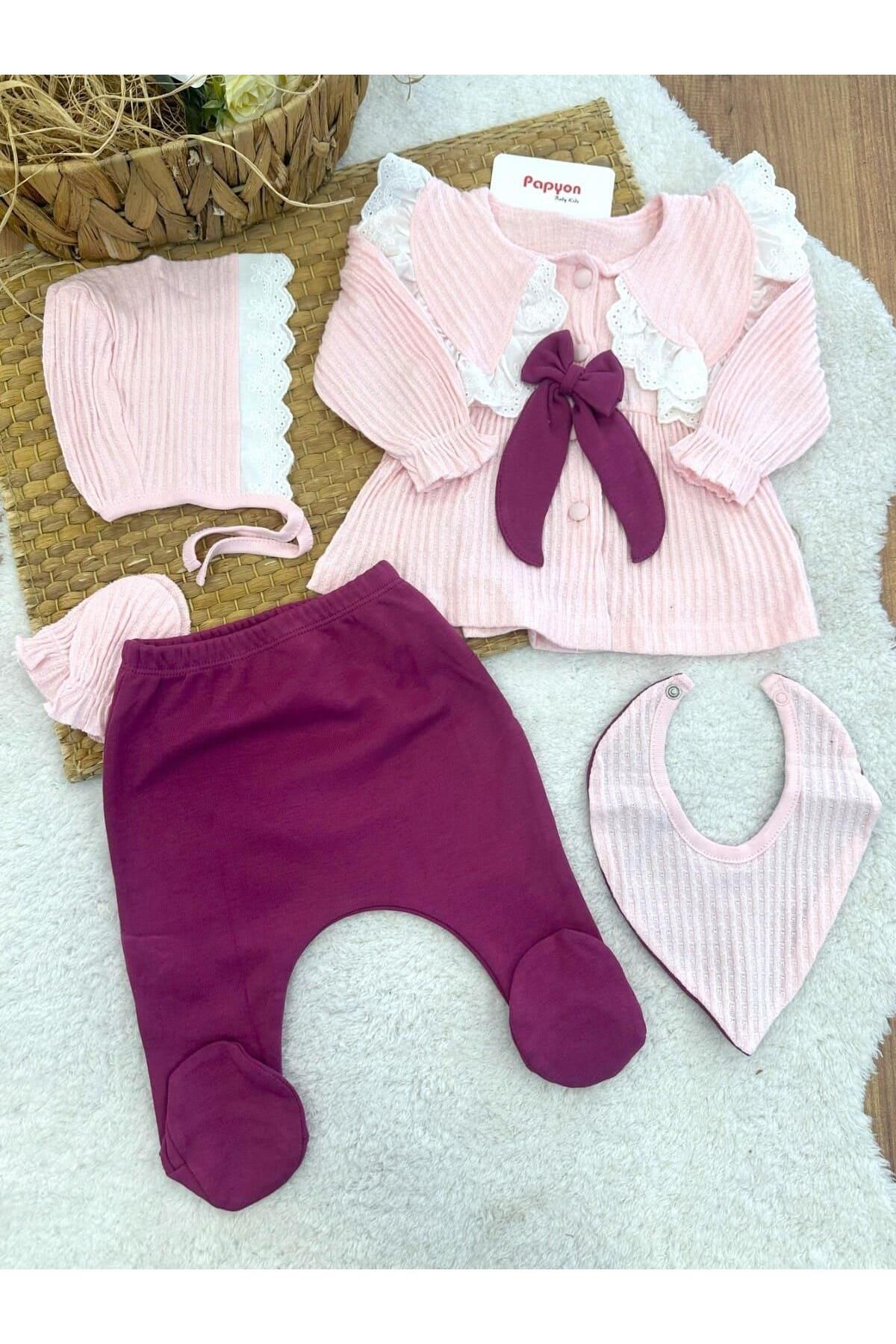 Papyon Baby Kids Mary Güpürlü Yakalı Fiyonklu Önden Düğmeli Yenidoğan Kız Bebek 5li Zıbın Set