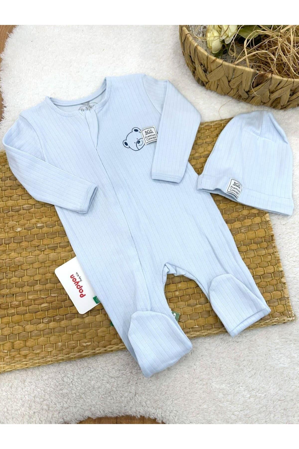 Papyon Baby Kids Ayıcık Baskılı Fitilli Bereli Erkek Bebek Fermuarlı Tulum (0-3/3-6/6-9 Ay)