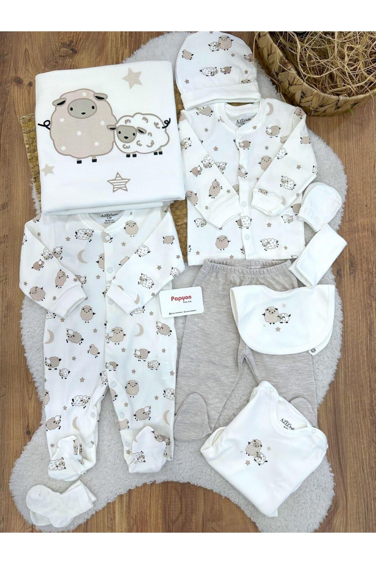 Papyon Baby Kids Kuzu Baskılı Tulumlu Yenidoğan Uniseks Bebek 10lu Zıbın Set Hastane Çıkışı