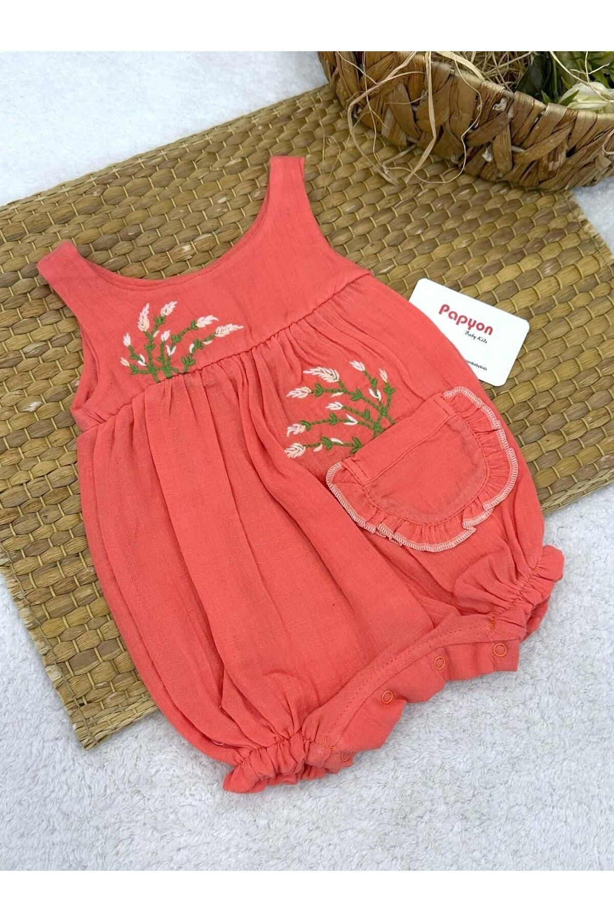 Papyon Baby Kids Lavanta Nakışlı Geniş Askılı Kız Bebek Müslin Şort Tulum (3-6/6-9/9-12 Ay)