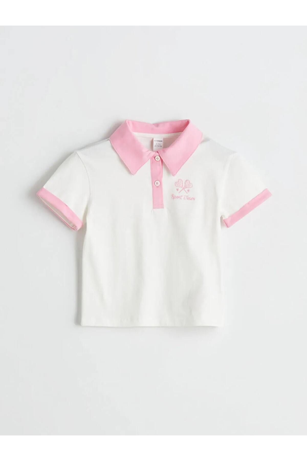 LC Waikiki LCW Kids Ekru Polo Yaka Nakışlı Penye Kız Çocuk Tişört