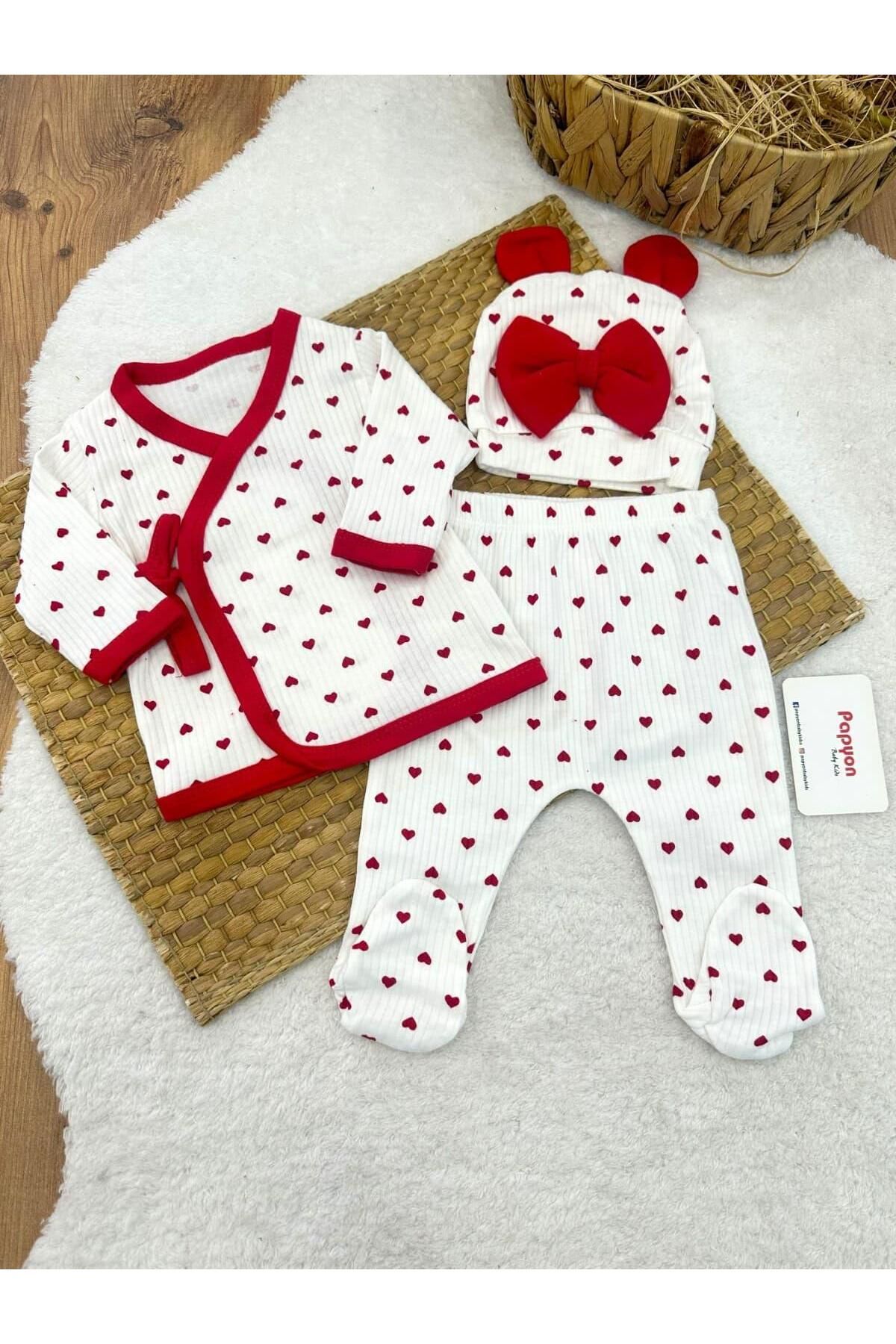 Papyon Baby Kids Minik Kalp Baskılı Önden Bağlamalı Fitilli Yenidoğan Kız Bebek 3lü Zıbın Set