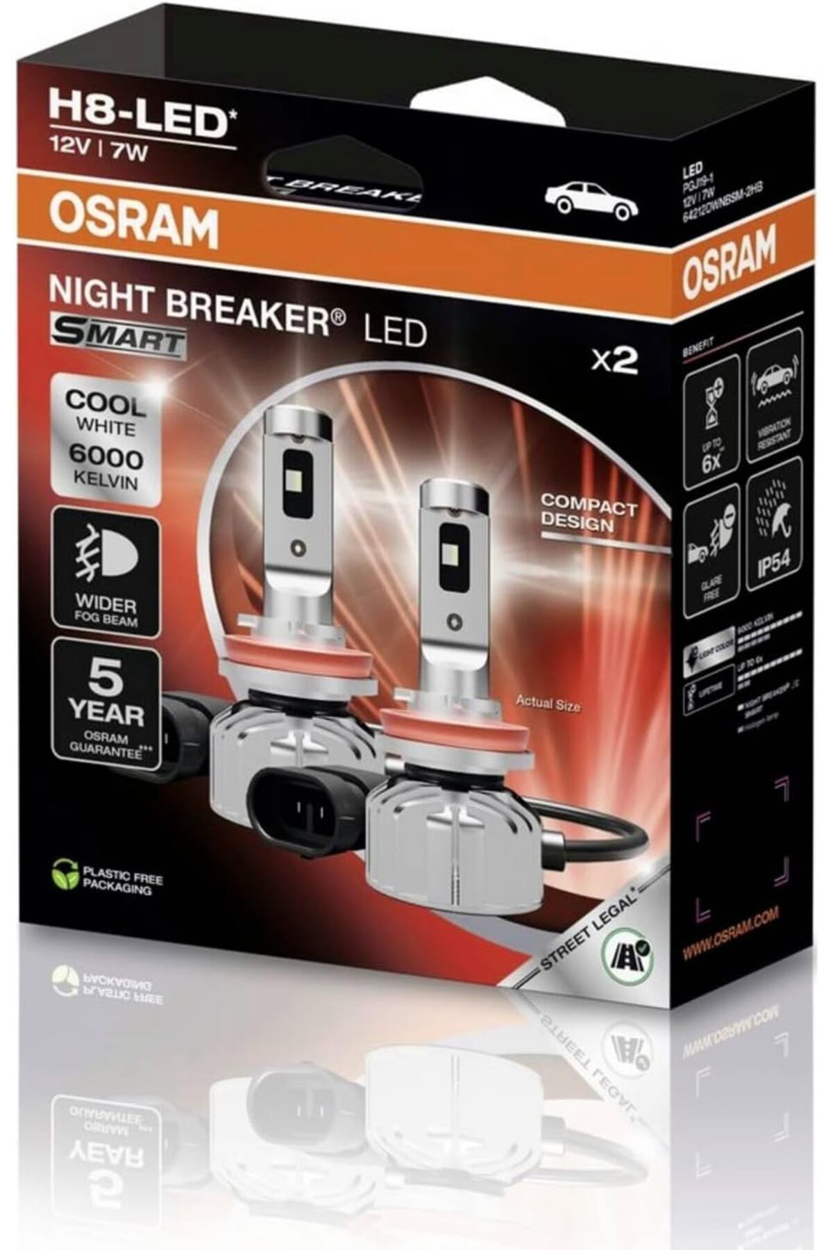 Osram H8 Night Breaker LED, Yasal Onaylı 12V 7W, 6000K Soğuk Beyaz, Geniş Sis Farı Işını, 2'li Paket