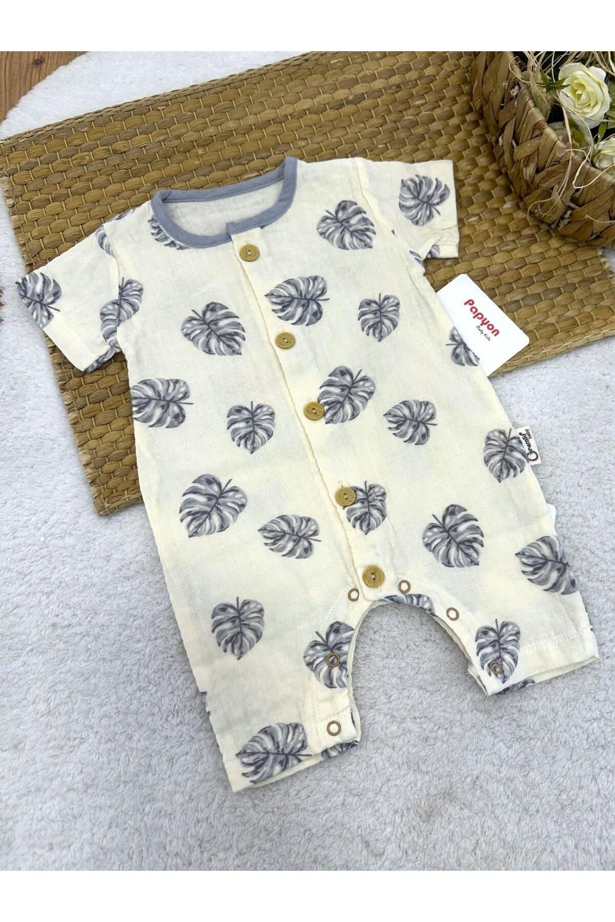 Papyon Baby Kids Yaprak Desenli Erkek Bebek Yazlık Müslin Tulum (3-6/6-9/9-12/12-18 Ay)